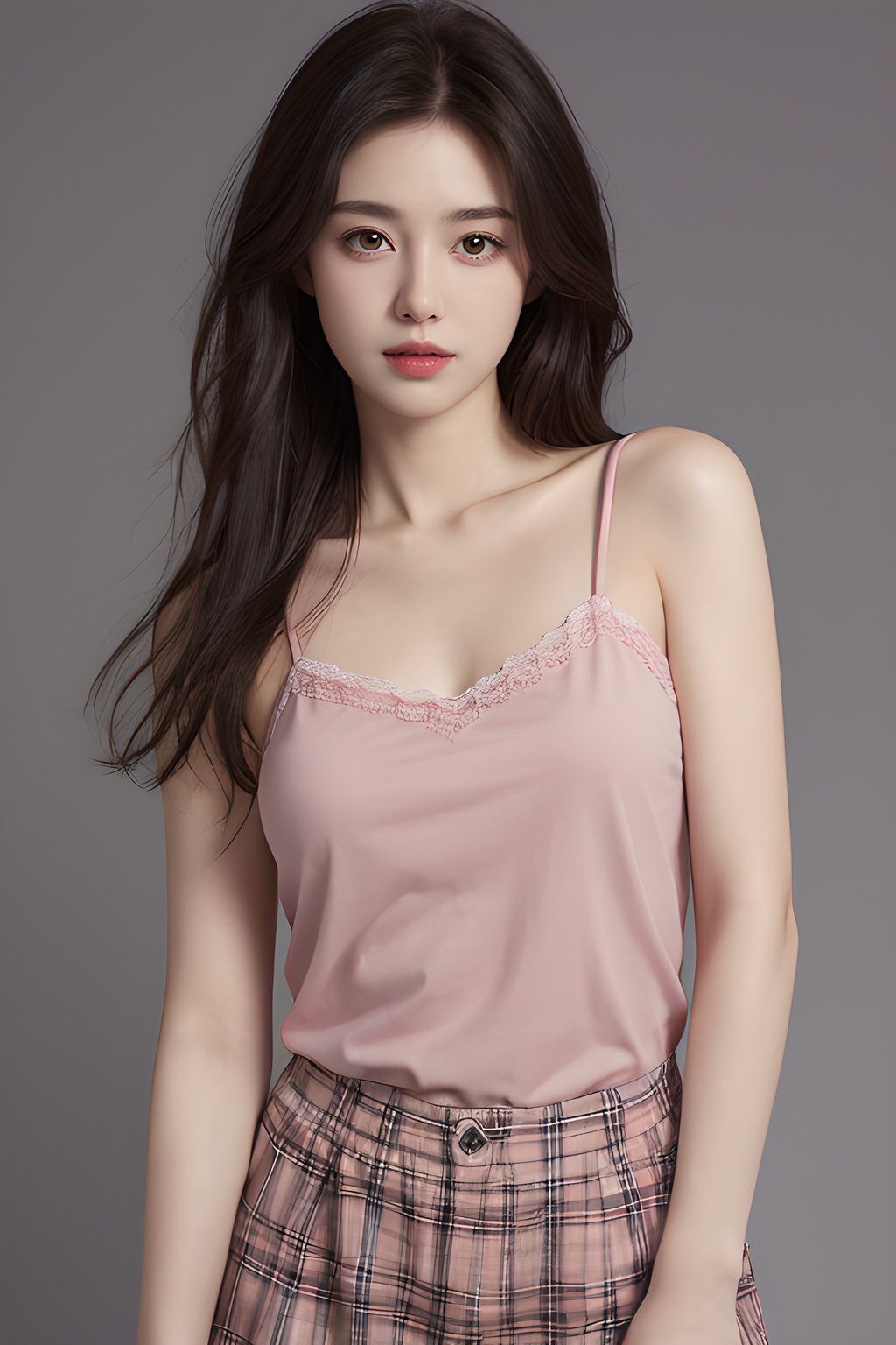 <lora:0817_10:0.35>,simple background,lifted_by_self,camisole,pink_plaid_shirt,, 1girl,realistic,masterpiece, best quality, photorealistic, HDR,detail
