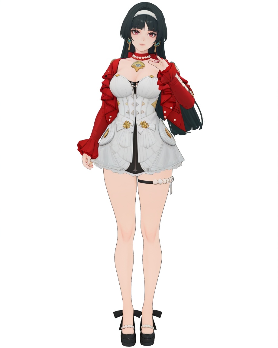 8k,best quality,masterpiece,(ultra-detailed),(high detailed skin),(by nanoless, by misumi \(macaroni\),:0.5),A full-body portrait of a young girl,standing gracefully,pastel art style,high-key lighting,shoujo manga influence,hd quality,delicate details,full body,full shot,standing,looking at viewer,(solo:1.2),simple background,white background,<lora:yaojy-sd-Tanger-000019:0.8>,Astra Yao \(zenless zone zero\),clothes: yjy def white short dress with red jacket,1girl,long hair,red jacket,black hair,jewelry,breasts,hairband,thigh strap,earrings,bare legs,