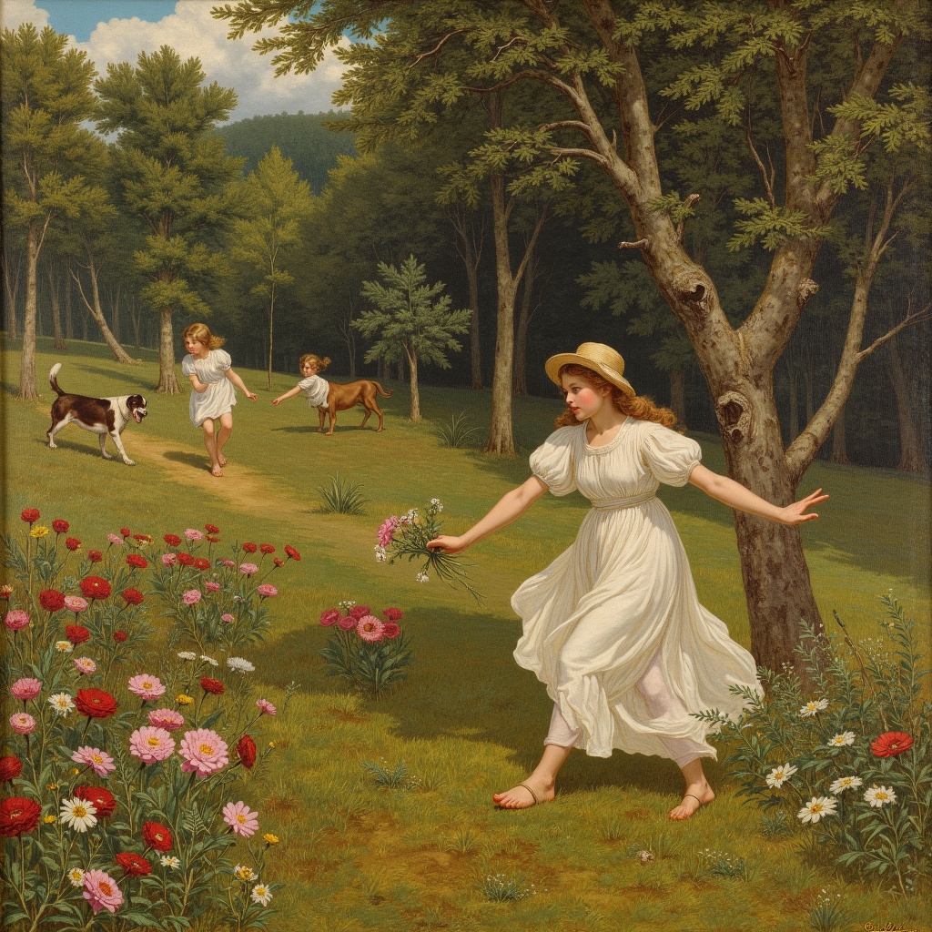 painting of three girls in a forest with a dog,william blake art exhibit,delacroix,Thomas Stothard,girl jumping in a flower field,an american romanticism painting,turner whimsical,swirling scene in forest,Robert Walker Macbeth,Eugene Delacroix,William McTaggart,girl dancing in a flower field,neo rococo expressionist,1 8 3 0 s style painting,painting of wild hunt in the sky,painting of white human figures,3 nymphs circling a fountain,re-raphaelite fairies,william blake and repin,romantic era painting,protagonist in foreground,et in arcadia ego,angel falling to andromeda,1 9 th century scene,impressionism and expressionism,Blanche Hoschedé Monet,in this painting,feral scene,girl running,energetic composition,transformation scene,young women,John Bellany,