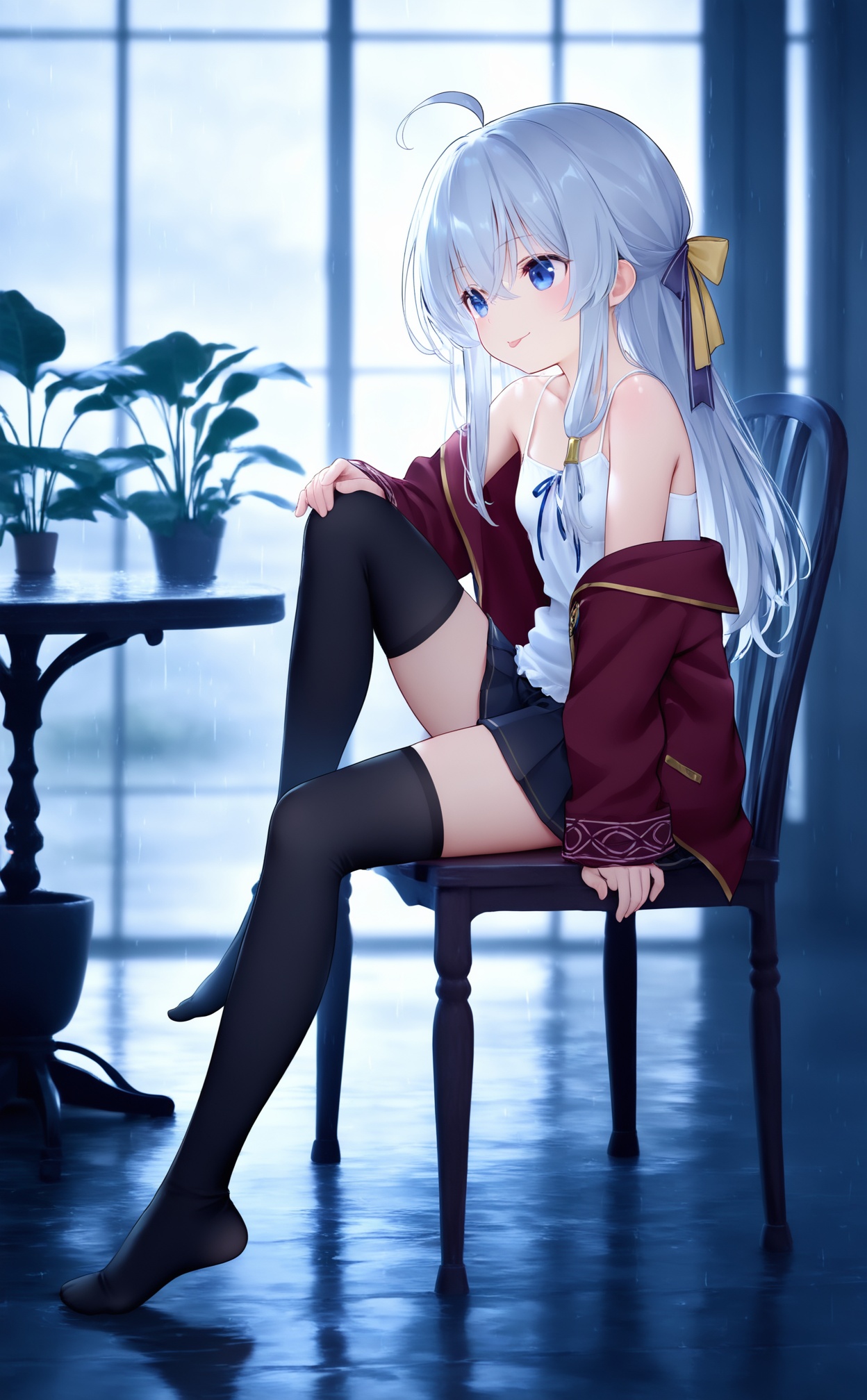 masterpiece,best quality,high quality,loli,chromatic_aberration,Blue Theme,//,loli,elaina (majo no tabitabi),1girl,ahoge,thighhighs,solo,long hair,black thighhighs,sitting,chair,blurry,off shoulder,red jacket,blurry background,skirt,rain,blue eyes,ribbon,grey hair,shirt,black skirt,hair between eyes,open clothes,hair ribbon,jacket,bow,yellow bow,plant,collarbone,open jacket,white shirt,smile,on chair,miniskirt,no shoes,zettai ryouiki,depth of field,long sleeves,spaghetti strap,closed mouth,hair bow,tongue out,full body,purple ribbon,table,tongue,potted plant,reflection,bare shoulders,sidelocks,pleated skirt,yellow ribbon,crossed bangs,open cardigan,sleeveless shirt,reflective water,small breasts,outdoors,hand on own knee,breasts,looking to the side,//,year_2023,year_2024,//,official art,depth of field,detailed light,blurry background,cinematic lighting,ray tracing,ultra detailed,god rays,backlighting,photo background,film grain,chromatic aberration,volumetric lighting,depth of field,blurry background,cinematic lighting,day,very aesthetic,