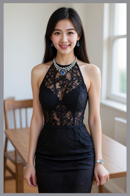 The image depicts a photograph of an Asian woman with long black hair and fair skin,  standing indoors in front of a woode...