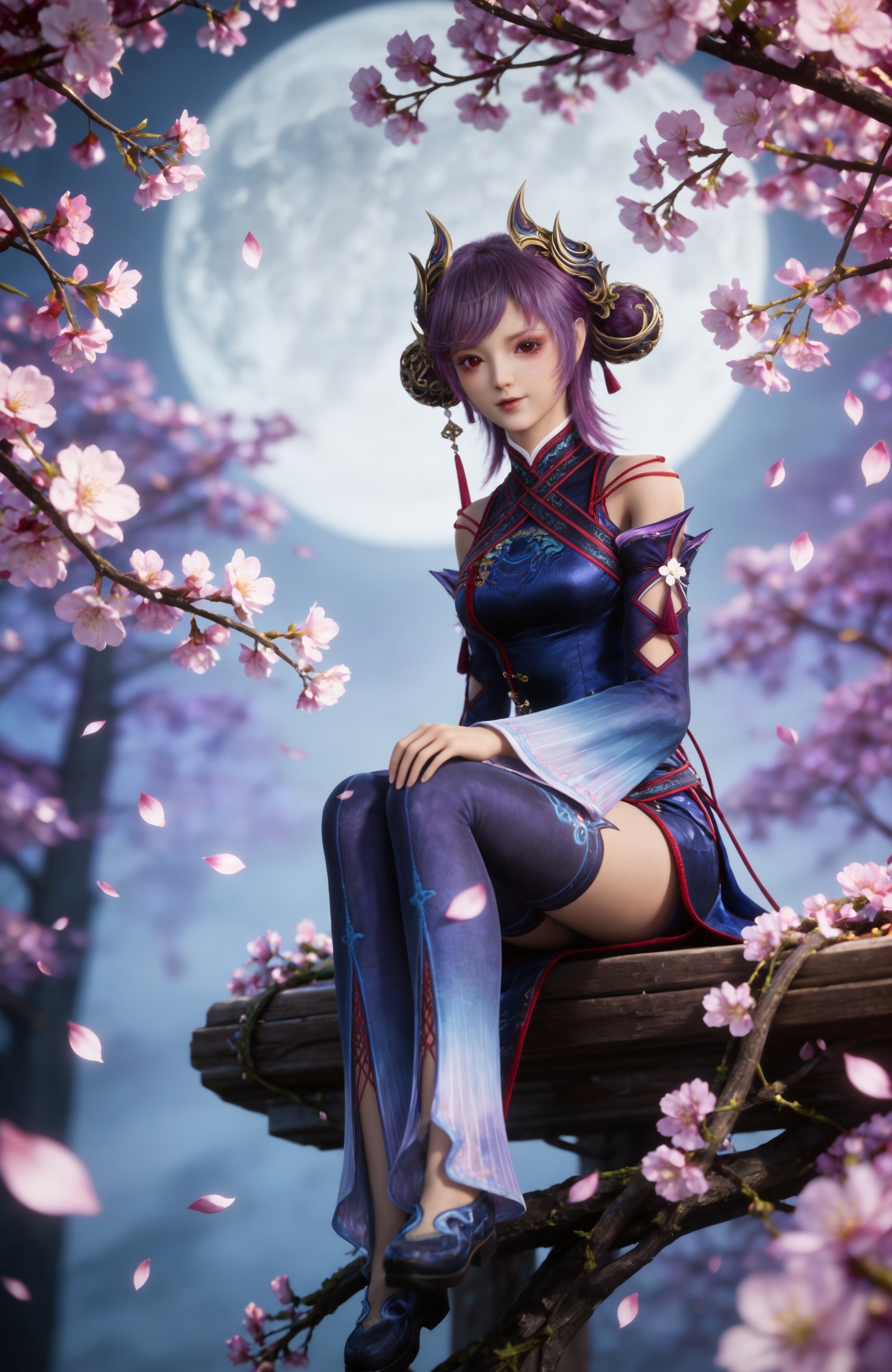 <lora:牧神记-司芸香Pony:0.8>,1girl,hair ornament,red eyes,purple hair,horns,lips,blue dress,bare shoulders,wide sleeves,detached sleeves,chinese clothes,thighhighs,shoes, stairs,pink flower,blurry,sitting,full body,, masterpiece,best quality,solo,1girl,upper body,petals,looking at viewer,moon,branch,cherry blossoms,flower,extreme aesthetic,(quasarcake:0.7),masterpiece,best quality,good quality,newest,very aesthetic,absurdres,A shot with tension,(Visual impact,giving the poster a dynamic and visually striking appearance:1.2),impactful picture,offcial art,colorful,splash of color,movie perspective,