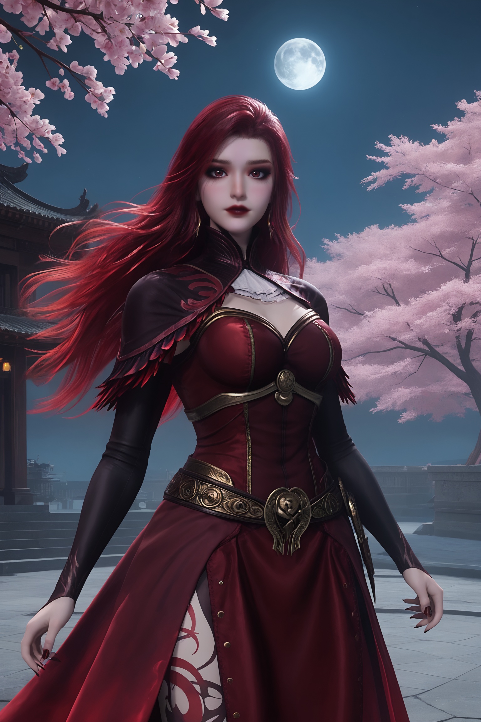 masterpiece,best quality,solo,1girl,upper body,petals,looking at viewer,moon,branch,cherry blossoms,flower,extreme aesthetic,(quasarcake:0.7),masterpiece,best quality,good quality,newest,very aesthetic,absurdres,A shot with tension,(Visual impact,giving the poster a dynamic and visually striking appearance:1.2),impactful picture,offcial art,colorful,splash of color,movie perspective,<lora:斗罗2-马小桃圣女Pony:0.6>,1girl,striking,long,wavy red hair,dark eyes,dark maroon,form-fitting gold accents dress,high-necked,cinched waist,long sleeves,full skirt,