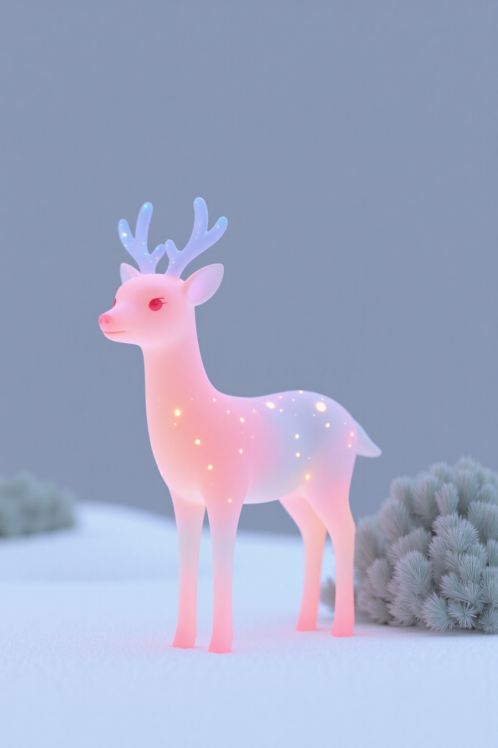 beijihui,a vibrant pink plastic reindeer stands on a snow-covered surface. The deer's head is adorned with two white antlers, one on top of the head and the other on the back. The antlers are adorned with tiny tiny white dots, adding a touch of color to the scene. To the right of the deer, a small gray cactus is nestled in the snow. The background is blurred, creating a stark contrast to the deer and the cactus.