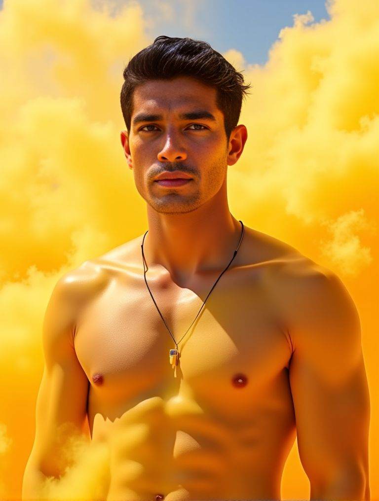 Harman Singha ,  shirtless . 3d rendering for a realistic. dimensional representation. a focused light with a colored filt...