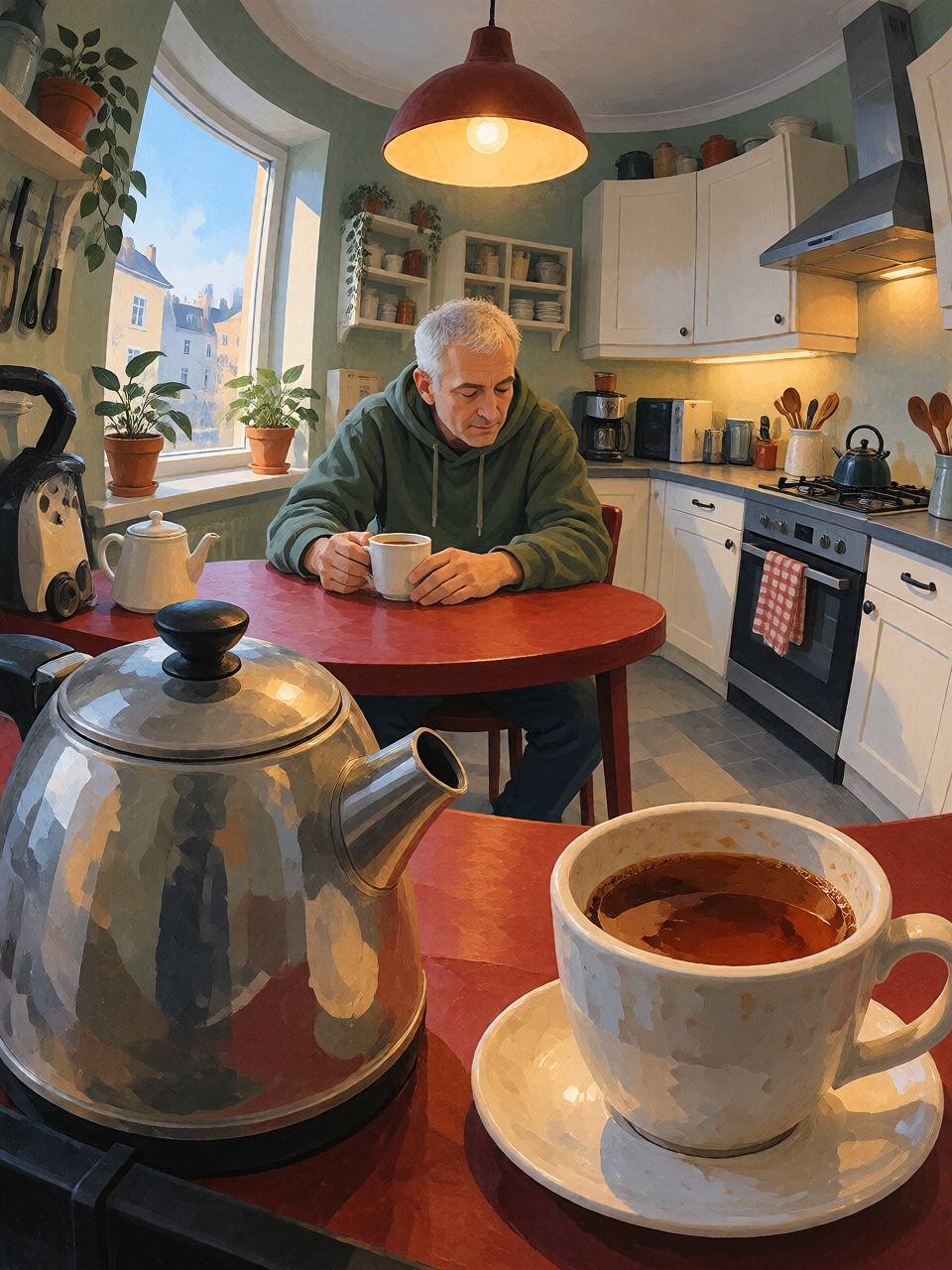 A man sitting alone at a small kitchen table,  a kettle and cup enlarged in the foreground,  the walls and counter subtly...