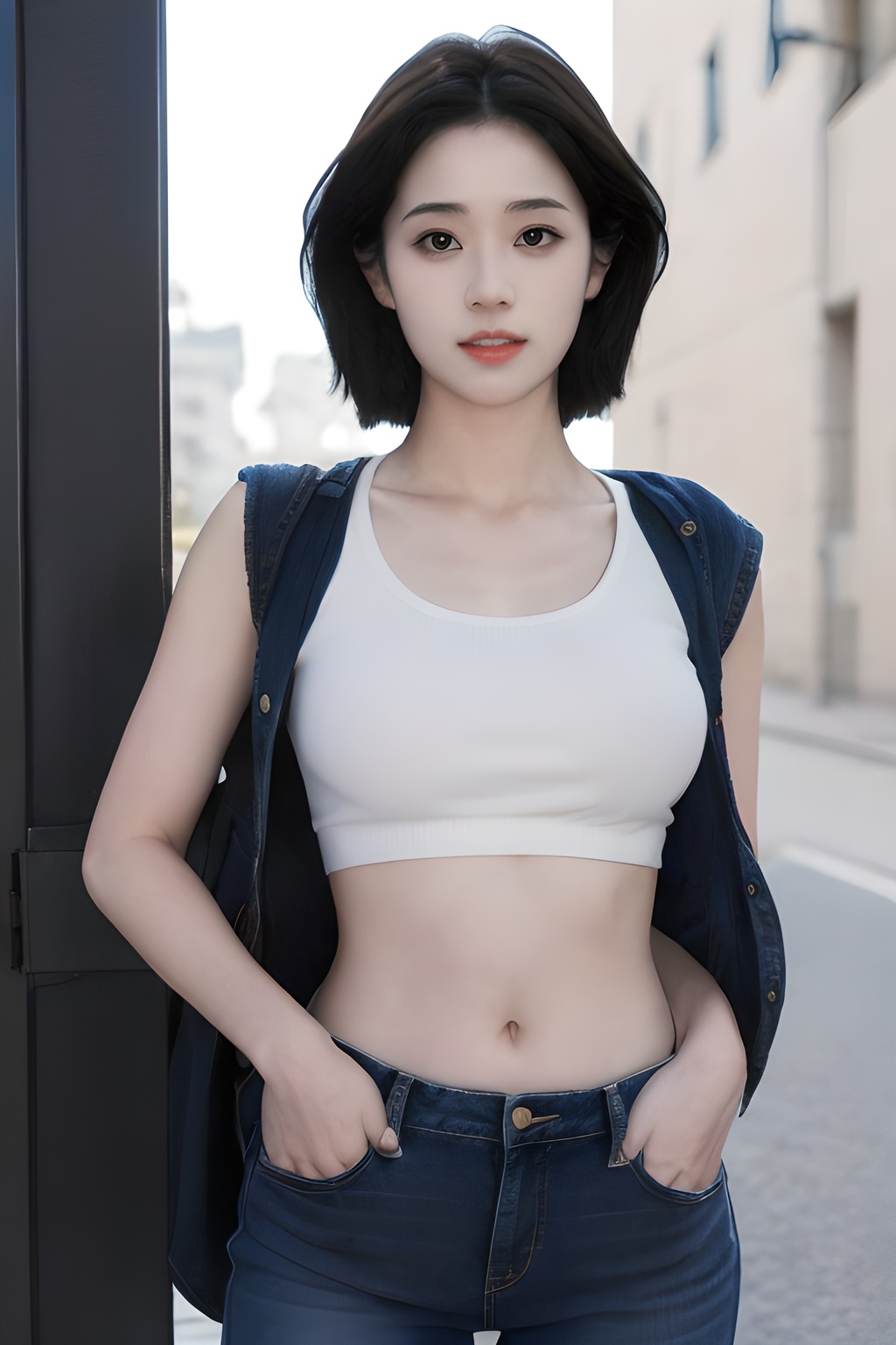 <lora:0827_06:0.7>simple background, (Best quality, masterpiece, ultra high res:1.2),photorealistic,raw photo,unity 8k wallpaper,cowboy shot,traffic light,1girl,cutoff jeans,denim vest,navel,hand in pockets, short hair,, 1girl,realistic,masterpiece, best quality, photorealistic, HDR,detail