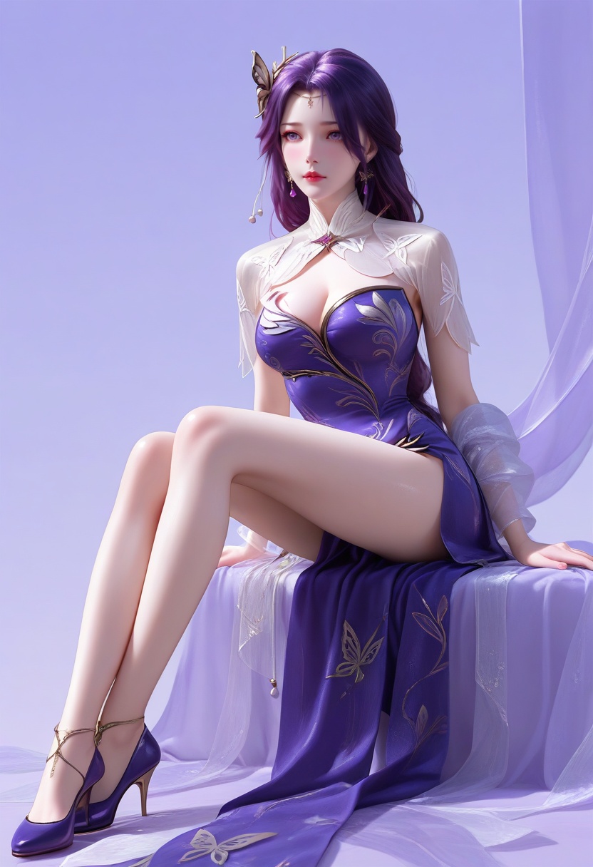 masterpiece,best_quality,(realistic:1.2),photorealistic,amazing quality,very aesthetic,absurdres,vibrant,newest,perfect body,detailled body,fair skin,pale_skin,velvet skin,curvy body,voluptuous body,skindentation,narrow waist,wide hips,full bust,curved silhouette,S-curve body,(wide pelvis:1.2),slim legs,(long legs:1.2),wide_shot,simple_background,ocean_blue background wall,Light Zerg Purple background,Sitting, hugging knees to chest, wide shot,1girl,solo,bright red lips,knee_blush,<lora:云曦:1>,yunxi01,hair ornament,butterfly_hair_ornament,earrings,jewelry,dress,cleavage,cleavage cutout,clothing cutout,medium breasts,white_capelet,transparent,collar,purple hair,purple_dress,purple_eyes,
