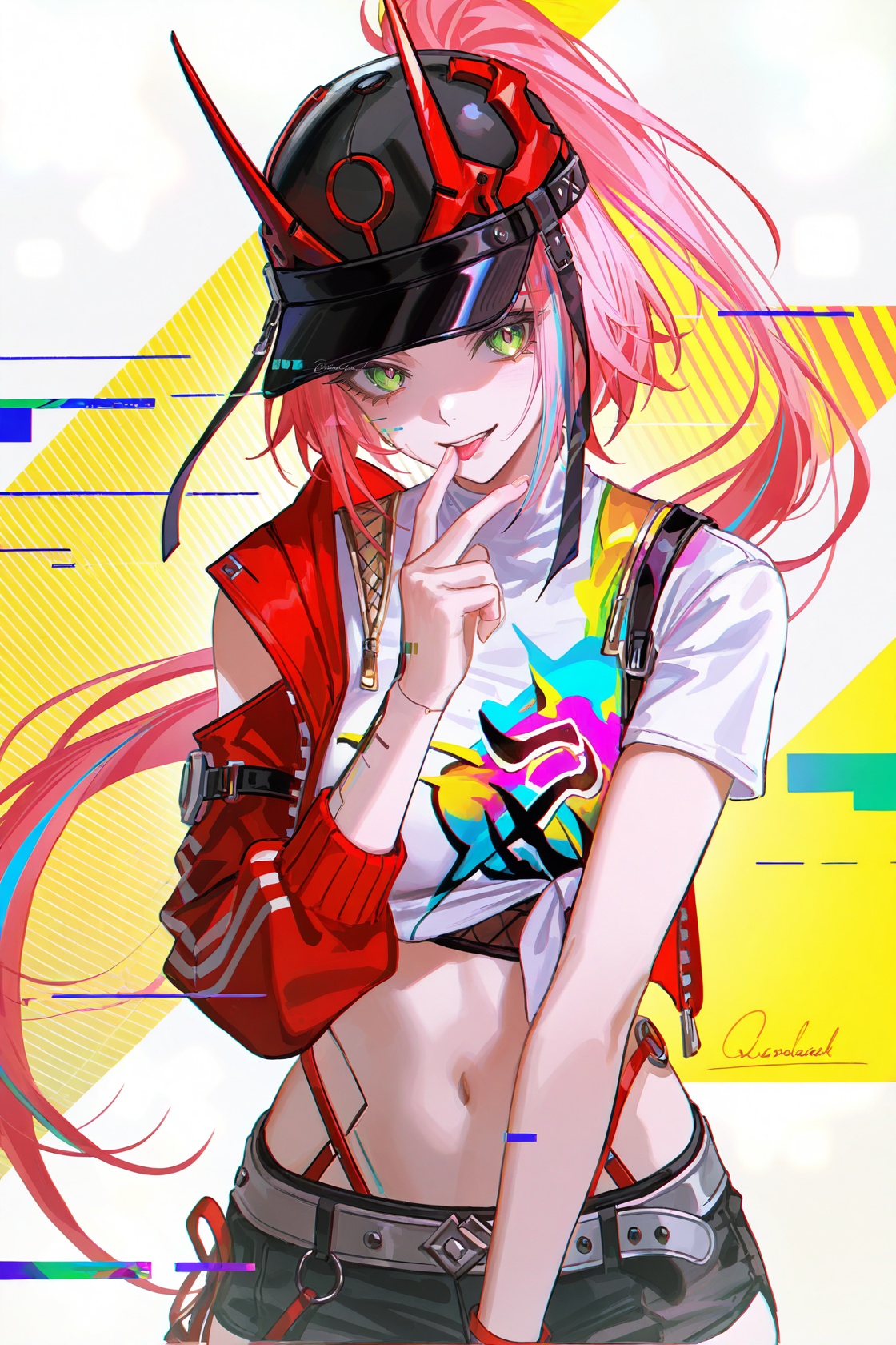 8k,best quality,masterpiece,(ultra-detailed),(high detailed skin),artist:john kafka,(artist:wanke:0.9),artist:fuzichoco,artist:quasarcake,(artist:nixeu:0.8),(1girl:1.2),upper body,light grin,chromatic aberration,cyberpunk,licking finger,glitch lump on face,lens_flare,colorful,chromatic aberration,dynamic pov,Chromatic Aberration,Glitch lettering,abstract art,(clear lines:1.1),(squares:1.1),bright,limited palette,canonical composition,(neat diagonal striped background:1.2),(Light Yellow background:1.1),ultra-detailed,film grain,geometry stripe,genderswap,<lora:rappa-noob-Tanger-000011:0.8>,rappa,def-rappa clothes,baseball cap,1girl,green eyes,shorts,navel,midriff,pink hair,horns,belt,multicolored hair,shirt,