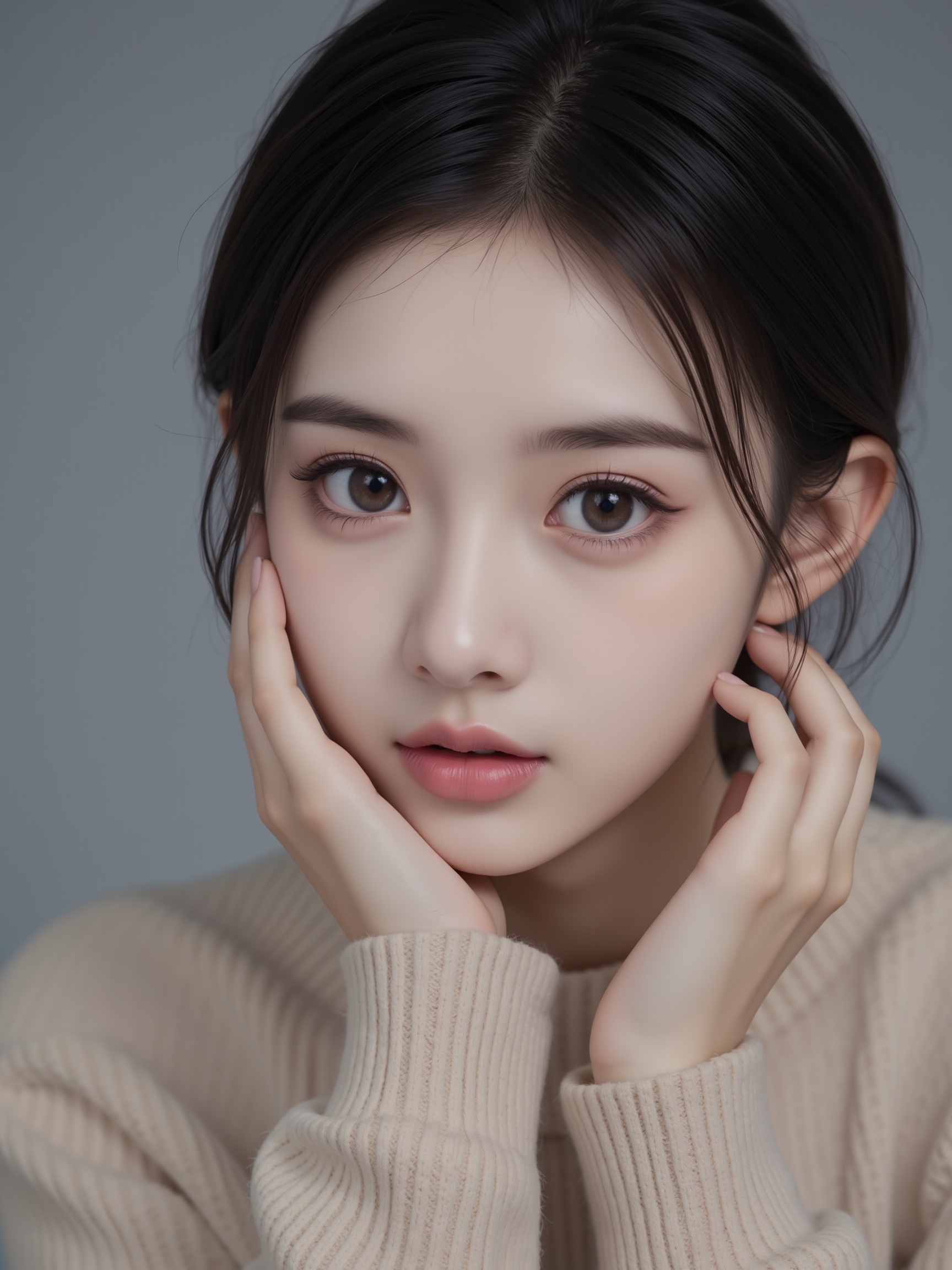 The photograph captures a close-up portrait of a young East Asian woman with fair skin, large, almond-shaped brown eyes, and full, slightly parted lips adorned with a natural, glossy finish. Her hair is dark brown, straight, and pulled back loosely, with some strands framing her face. She wears a beige, ribbed-knit sweater that covers her shoulders and upper arms, adding a cozy, textured element to the image. Her expression is contemplative, with her left hand gently cradling her cheek, fingers lightly touching her skin, and her right hand resting on the sweater, creating a sense of introspection and vulnerability. The background is a soft, muted grey, which contrasts subtly with her fair skin and the sweater's neutral color, ensuring that the focus remains on her face. The lighting is soft and diffused, creating a gentle, almost ethereal glow on her skin, enhancing the natural beauty of her features. The overall mood of the photograph is intimate and serene, with a delicate, almost dreamy quality.
