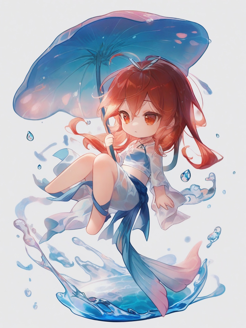 chibi,1girl,beautiful,white background,water drops,wet clothes,beautiful detailed water,floating,