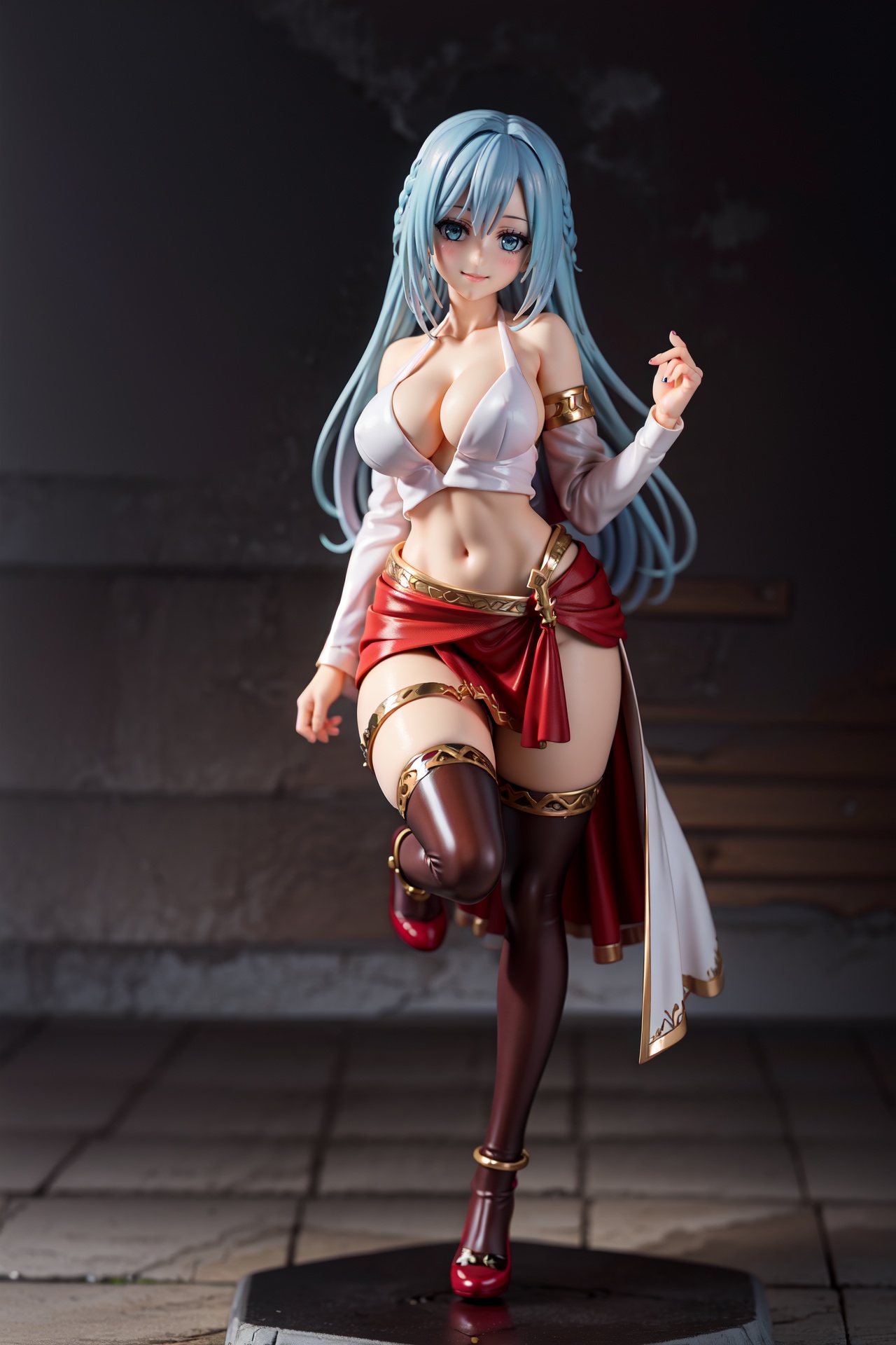 pvc style,(extremely detailed CG unity 4k wallpaper),(masterpiece),(best quality),(ultra-detailed),(best illustration),(best shadow),(absurdres),(detailed background),  Olivia Servant, 1girl, solo, long hair, breasts, blue hair, smile, blue eyes, dress, looking at viewer, medium breasts, cleavage, armlet, upper body, very long hair,(figma:0.6),full body, <lora:OGT_Olivia_Servant-v2:0.8>
