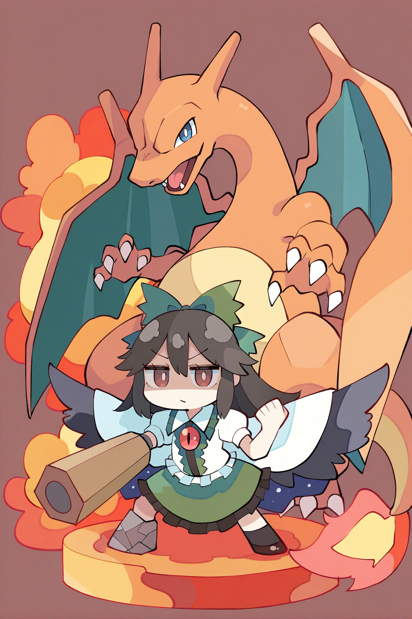 loli,(masterpiece,best quality,highres,absurdres,best quality,amazing quality,very aesthetic,absurdres),reiuji utsuho, 1girl, wings, bow, charizard, pokemon (creature), green bow, long hair, skirt, weapon, hair bow, arm cannon, black hair, green skirt, shirt, black wings, bird wings, white shirt, crossover, cape, fire, short sleeves, brown eyes, frills, simple background, flame-tipped tail, full body, brown background, looking at viewer, closed mouth, third eye, red eyes, puffy sleeves, puffy short sleeves, shaded face, frilled skirt, claws, hair between eyes, white cape, chibi, bright pupils, collared shirt, white pupils, lava
