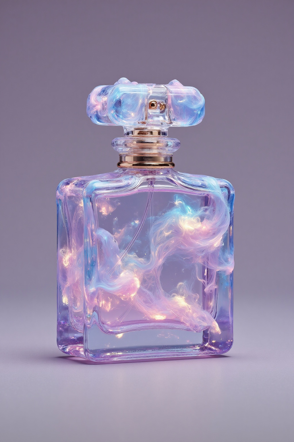 beijihui,a glass perfume bottle is adorned with a vibrant glow of blue,pink,and yellow swirls. The bottle's cap,adorned with two small gold-colored knobs,adding a pop of color to the scene. The background is a soft lavender color,creating a stark contrast to the bottle.,
