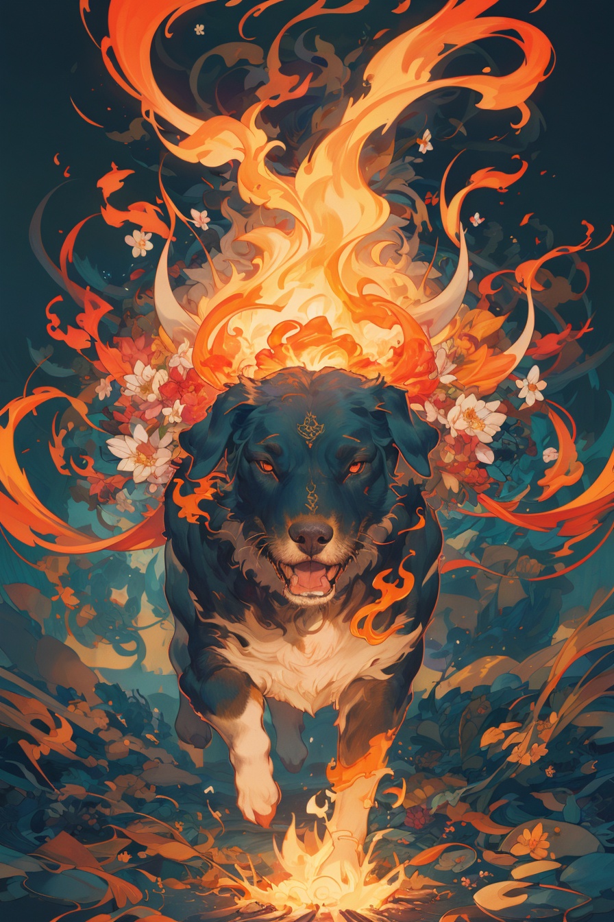 masterpiece,best quality,(dog:1.1),<lora:wallpaper_20240229120023:0.6>,fire,smoke,no human,no humans,flower,
