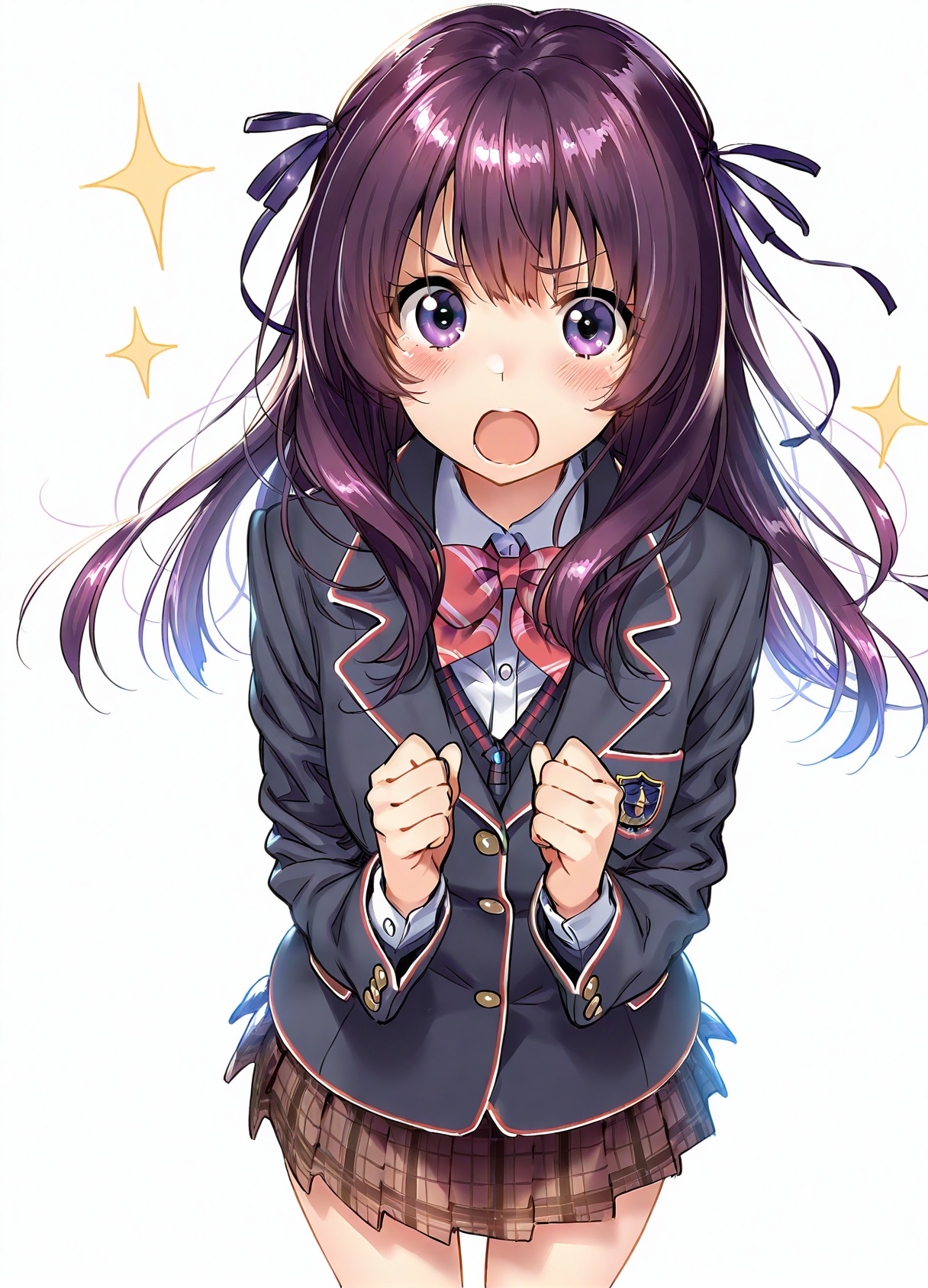 16,1girl,solo,long hair,purple eyes,open mouth,school uniform,white background,blush,looking at viewer,blazer,skirt,bow,jacket,plaid skirt,plaid,ribbon,simple background,purple hair,hair ribbon,clenched hands,brown hair,sparkle,bowtie,