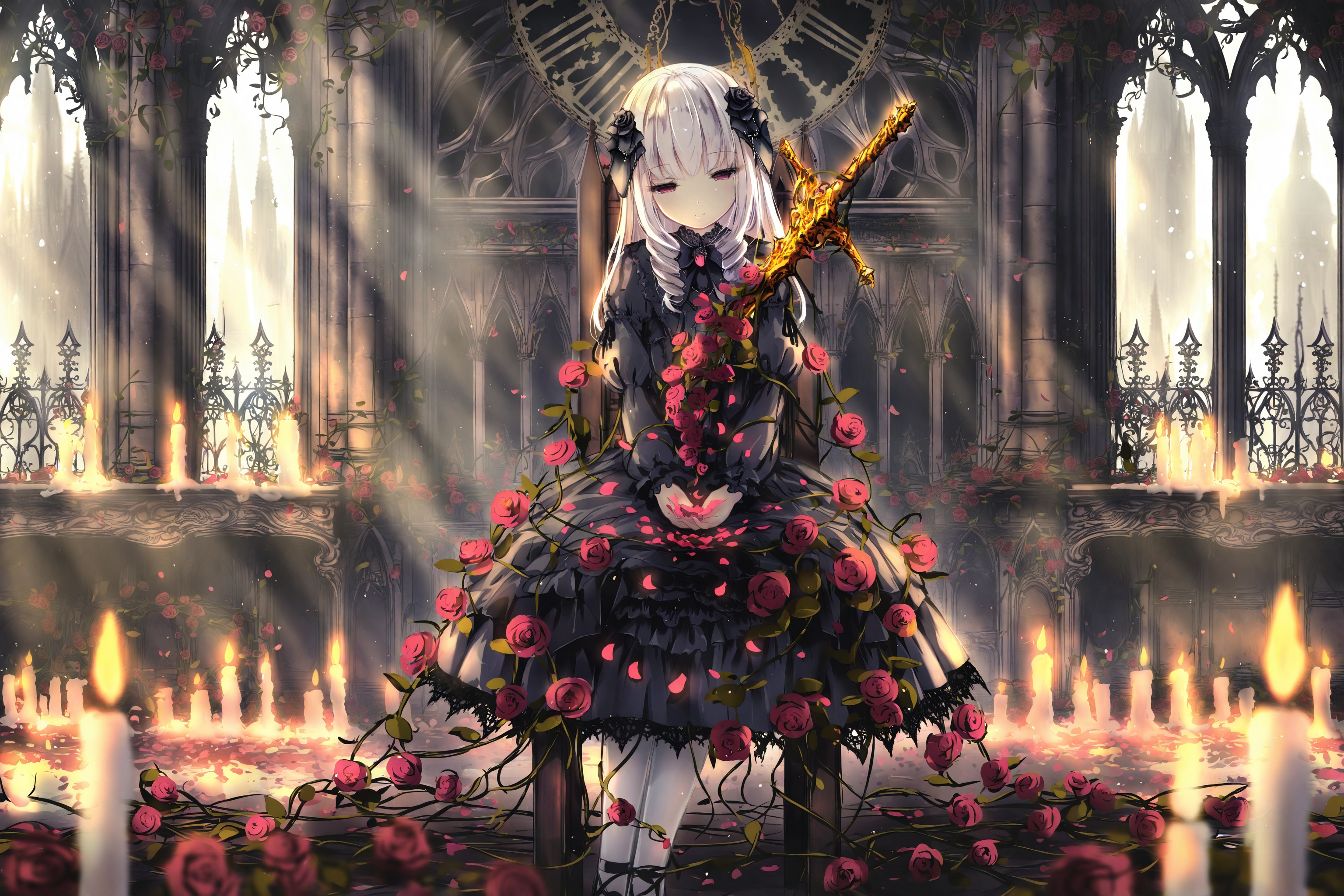 high, 1girl, flower, rose, red rose, red flower, candle, solo, clock, dress, long sleeves, black dress, puffy sleeves, long hair, juliet sleeves, lolita fashion, roman numeral, pantyhose, white pantyhose, gothic lolita, closed mouth, sitting, hair ornament, tower, depth of field, hair flower, holding, looking at viewer, sword, fire, half-closed eyes, blurry, indoors, red eyes, weapon, clock tower, petals, blurry foreground, purple eyes, head tilt, feet out of frame, candlestand, black bow, church, bow, own hands together, vines, chair, puffy long sleeves, sunlight, white hair, frills, smile, pillar <lora:lp27New.up1-000038:1>