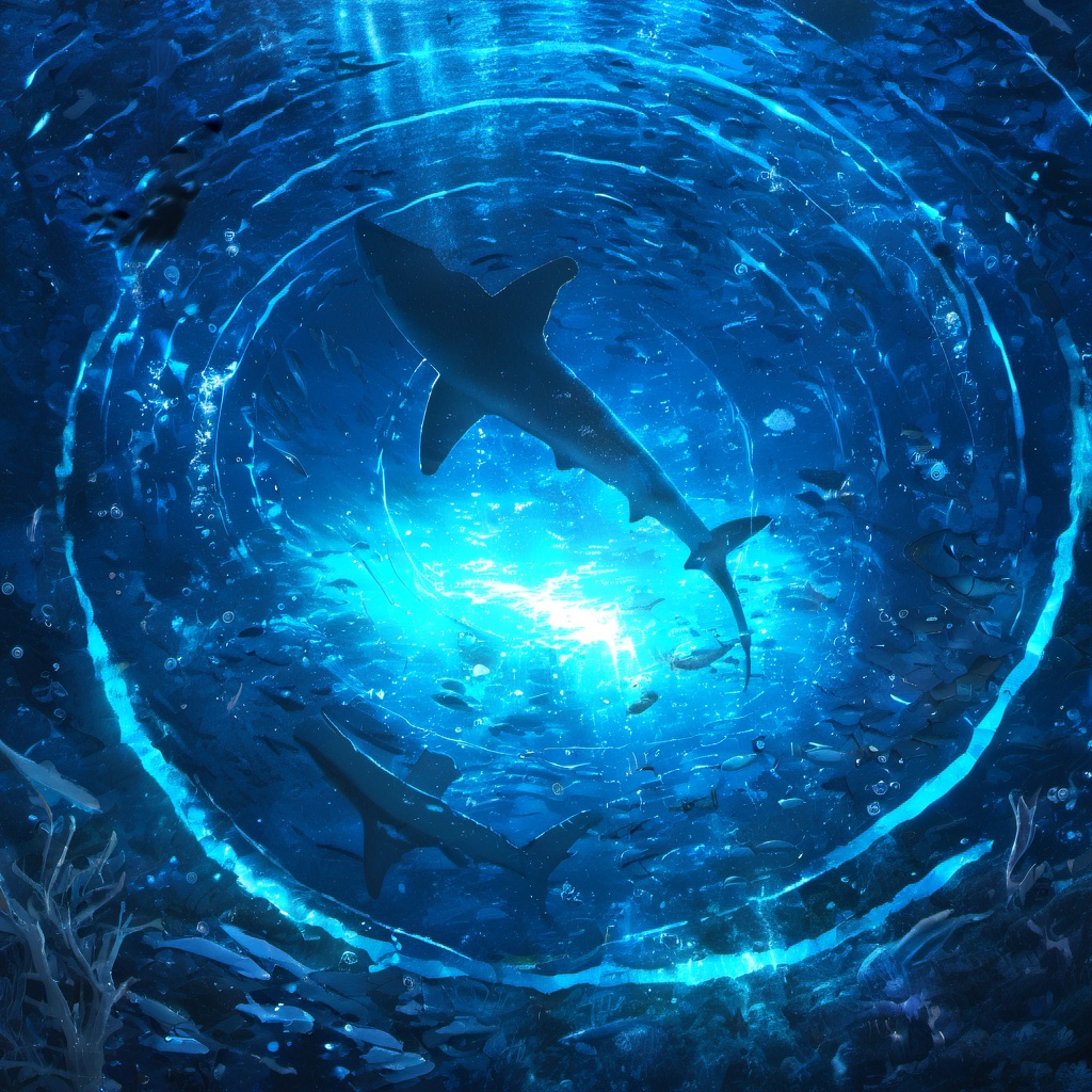 <lora:star_xl_v1:1>,The image portrays a mesmerizing underwater scene, illuminated by a radiant blue glow. A large, circular halo-like structure emits a soft light, casting a luminous pathway through the water. Various marine life, including sharks, fish, and other aquatic creatures, swim around the halo, seemingly drawn to its light. The water's surface is scattered with debris, including broken ropes and other underwater artifacts. The overall ambiance of the image is ethereal, with the blue hue giving it a dreamy and otherworldly feel.