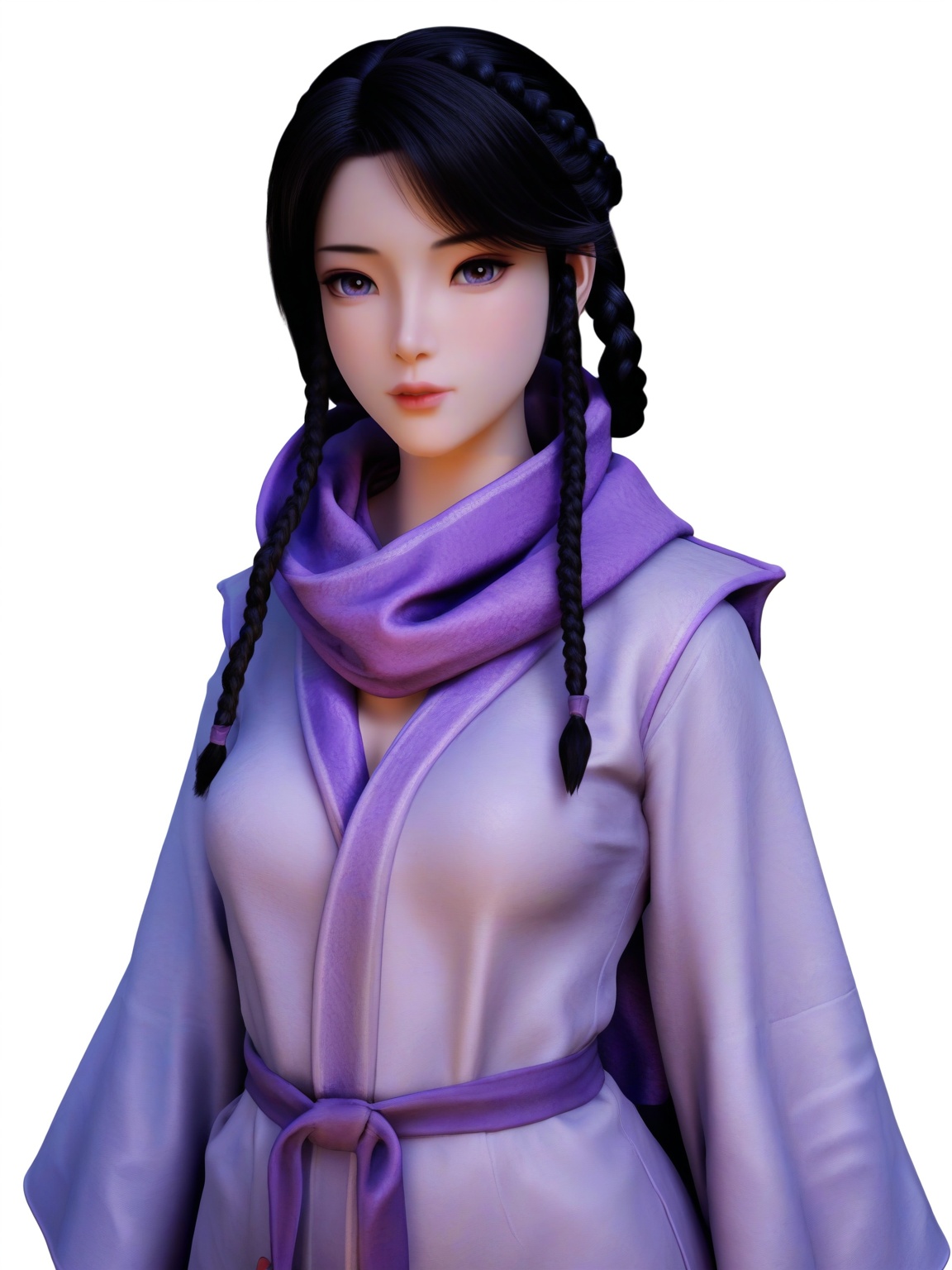 score_9,black hair,lips,1girl,medium breasts,clothes,bangs,braid,multiple braids,solo,purple eyes,robe,scarf,purple scarf,looking at viewer,white background,simple background,cowboy shot, <lora:SF_WangNing_Pony_Realism2.3-000003:0.7>,