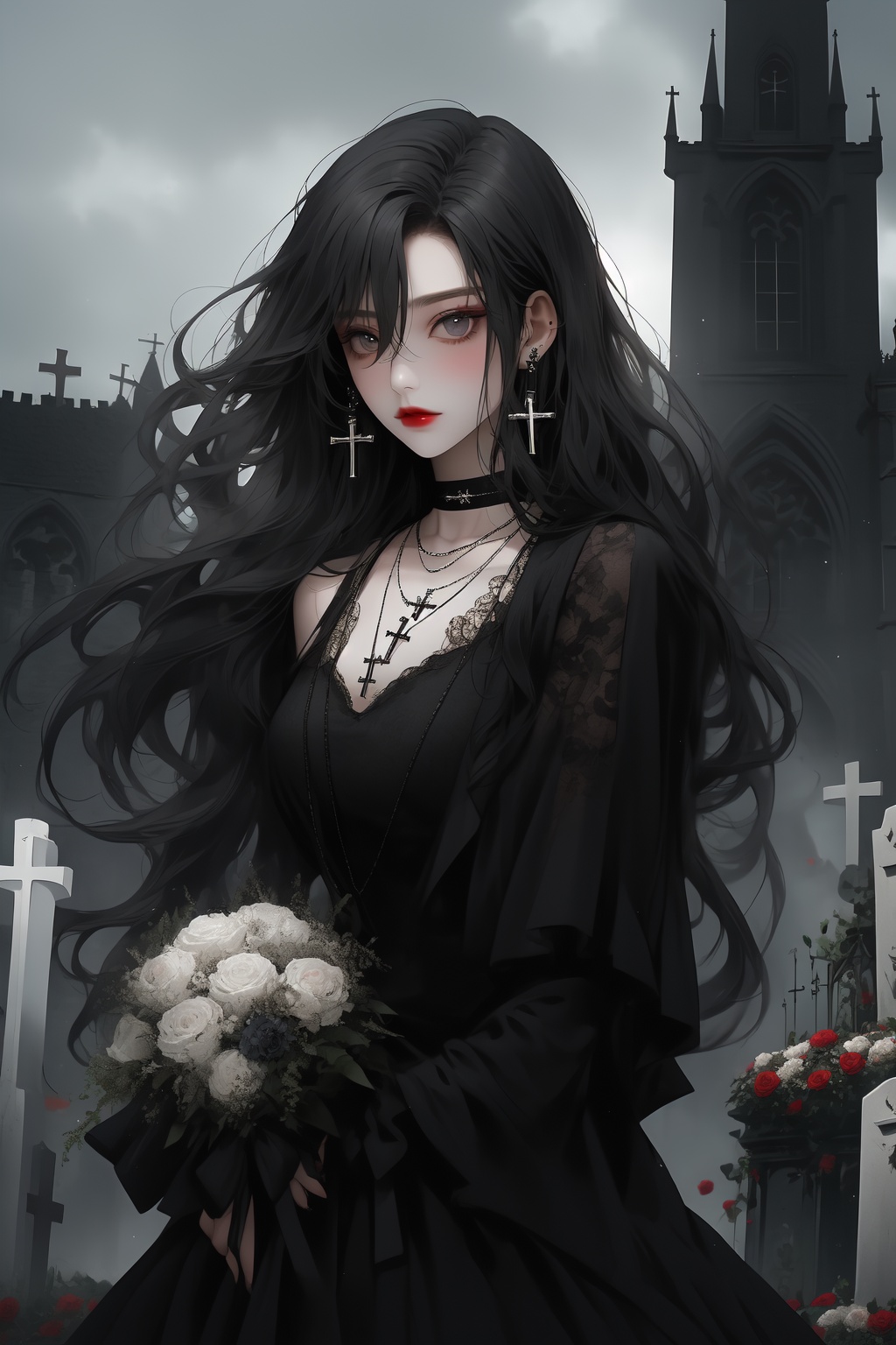 ShenMi, 1girl, black hair, jewelry, flower, cross, earrings, long hair, holding, bouquet, looking at viewer, white flower, rose, necklace, white rose, holding bouquet, dress, black dress, grey eyes, red lips, solo focus, graveyard, outdoors, church, hair between eyes, holding flower, makeup, tombstone, cross necklace, solo, long sleeves, gothic style <lora:ShenMi7:0.8>