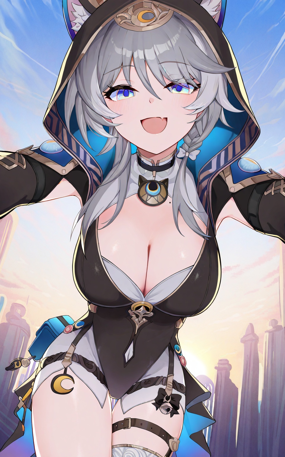 masterpiece,best quality,foreshortening,dynamic_angle,extremely delicate and beautiful,huge filesize,Noise and grain,amazing quality,wallpaper,\\//,Cipher\(honkai:star rail\), 1girl, breasts, cleavage, solo, blue eyes, looking at viewer, hood, braid, animal ears, smile, open mouth, fang, grey hair, skin fang, large breasts, sky