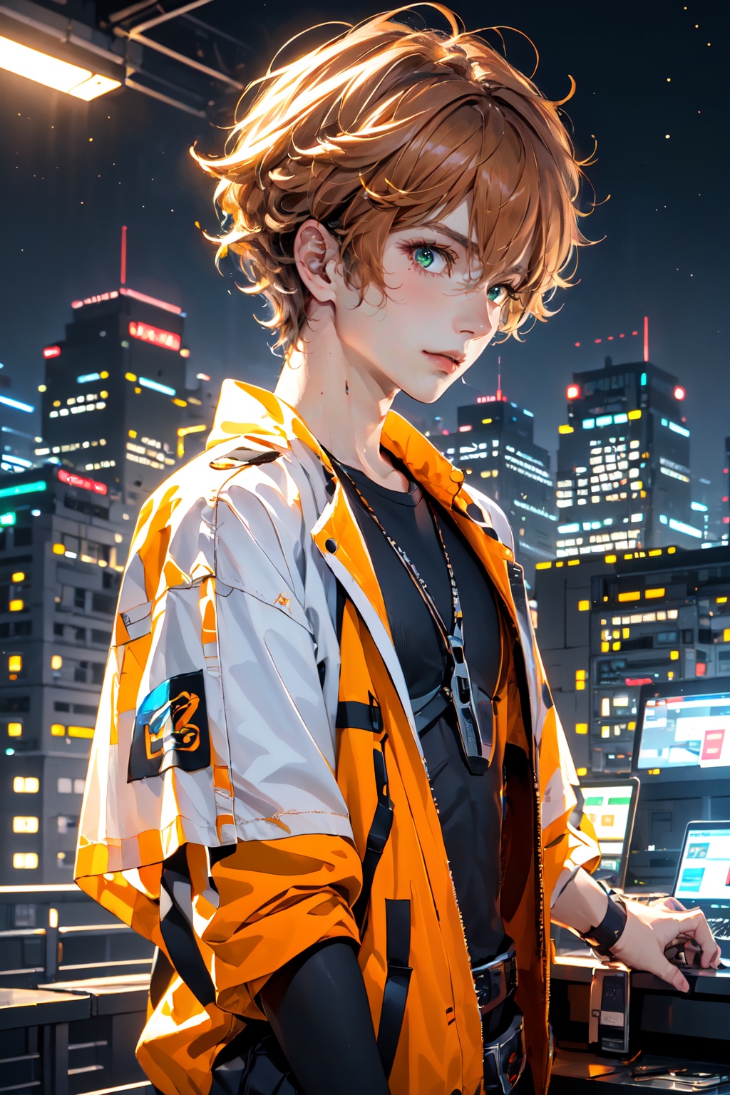 (close-up:1.2),portrait,(falt color:1.3),colorful,(masterpiece:1,2),best quality,extremely detailed cg 8k wallpaper,best quality,masterpiece,highres,original,extremely detailed wallpaper,(solo:1.25),glowing,(1 boy:1.5),Mature male,Sunny boy,happy,Short curly orange hair,green eyes,workwear,engineer,Tooling,wrench,pliers,mechanical table,future,science fiction,mechanical device,big fans,city,Cyber Aso,<lora:Cyber Aso_20240119182540:0.8>,