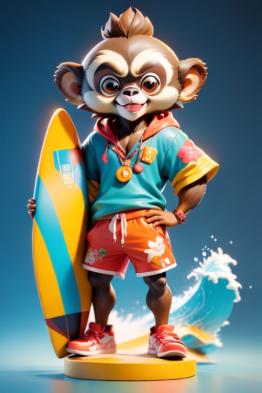 <lora:鲜创一派@猿酷侠:1>,(Anthropomorphic Hainan Gibbon,three-dimensional cartoon image), standing, one, wearing beach casual clothes, cool, fashionable, happy, trendy, hip-hop, blind box. Highest quality, masterpieces, masterpieces, award-winning works. Extreme detail. Solid color background. The perfect hand. Dark Skin, Surfing, 2024 Hainan International Cultural and C, 3d stely