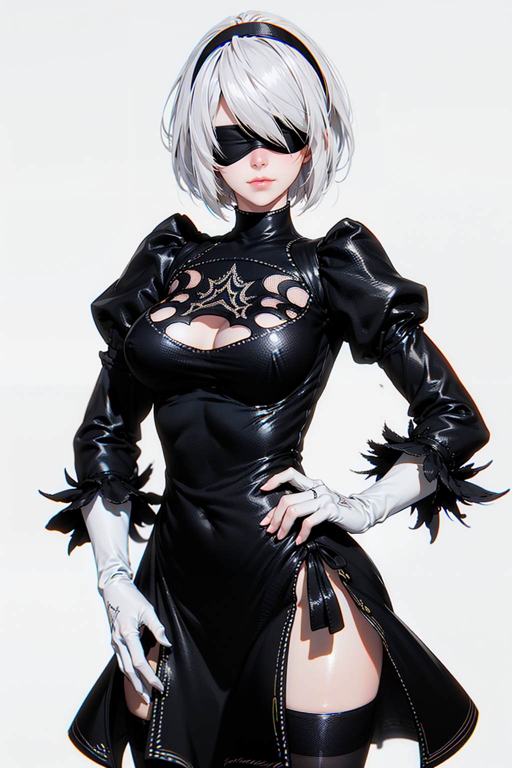 nier2b,standing,1gril,solo,closed mouth,facing viewer,Best quality,masterpiece,ultra high res,white background,large breasts,<lora:nier2b5r-000005:0.75>,cowboy shot,black dress,black blindfold,(front view:1.1),(hands on hips:1.1),