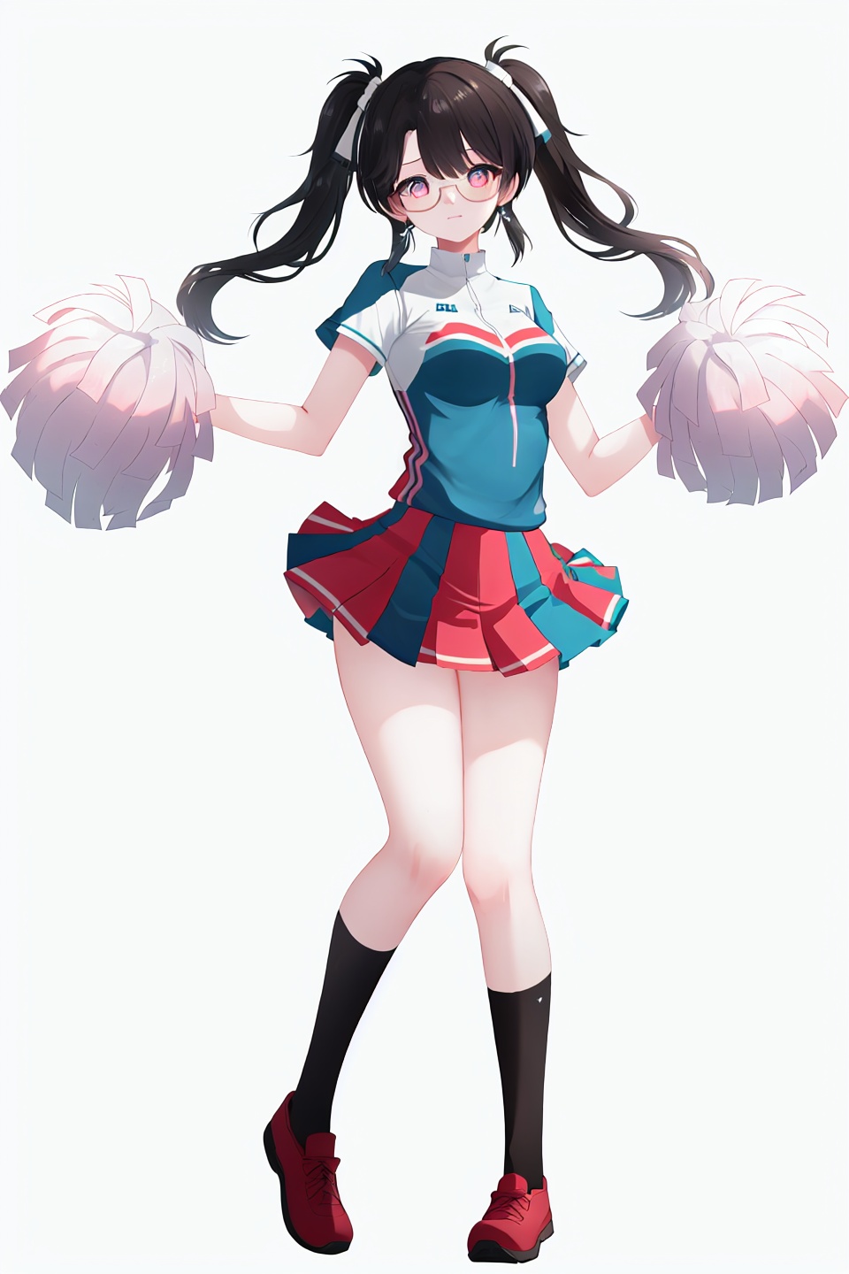 8k, best quality, masterpiece, (ultra-detailed), (white background,simple background), solo, (full body:1.1), looking at viewer, <lora:zhezhi-sd-Tanger:0.7>, zhezhi, 1girl, long hair, black hair, glasses, twintails, cheerleader, 
