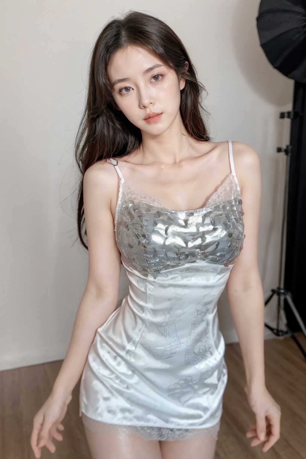 Realistic,(masterpiece:1.2),best quality,8K,HDR,RAW,depth of field,blurry,1girl,( delicate girl),(Professional lighting, professional photography, studio, professional models, sexy poses),((solo)),huge breasts,standing,<lora:add_detail:0.6>,<lora:ENNE 白色吊带连衣短裙_v10:0.8>,white halter mini dress,