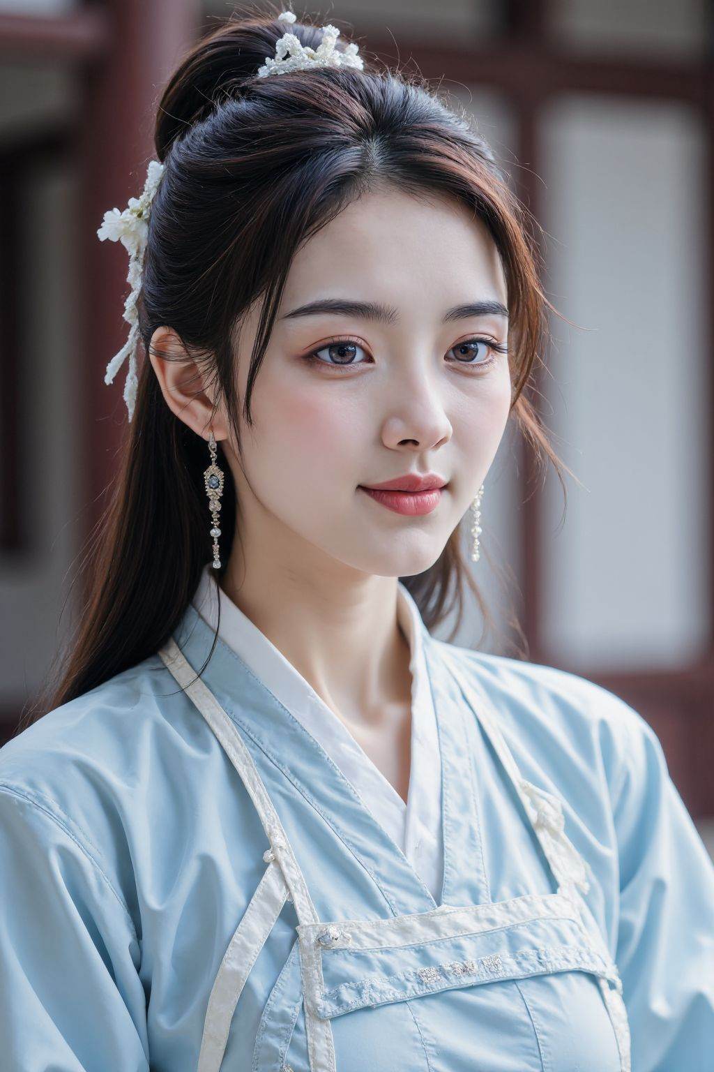 This is a photograph capturing a young woman,solo,long hair,looking at viewer,smile,black hair,hair ornament,long sleeves,jewelry,closed mouth,full body,flower,earrings,hair flower,hair bun,blurry,blurry background,light blue chinese clothes,single hair bun,realistic,hair stick,hanfu,
