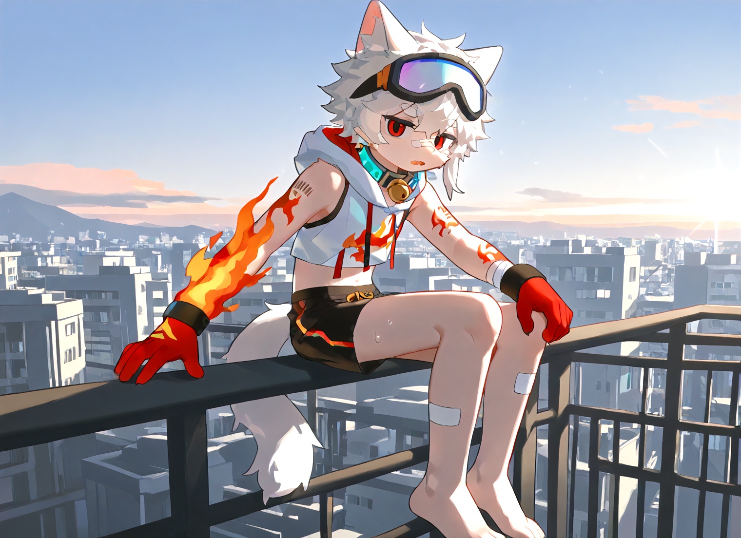 [nekowuwu],solo,male_focus,white hair,short hair,red eyes,floppy ears,fire arm tattoo,ski goggles,fire print on white (sleeveless) hoodies,crop top,black shorts,barefoot,three-quarter view,outdoor,rooftop,rains,sitting on railing,opened mouth,solo,very awa,masterpiece,best quality,highres,absurdres,emotionless eyes,white fur,cat boy,white hair,Right mid length drooping frontal hair,(Asymmetric hair on the temples:1.2),Expose left shoulder,wristband,thick eyebrows,barcode tattoo,bell on collar,Collar,Cortical collar,Large collar,white hair,bandage on nose,bandage on leg,furry,<lora:影灵:0.6>,