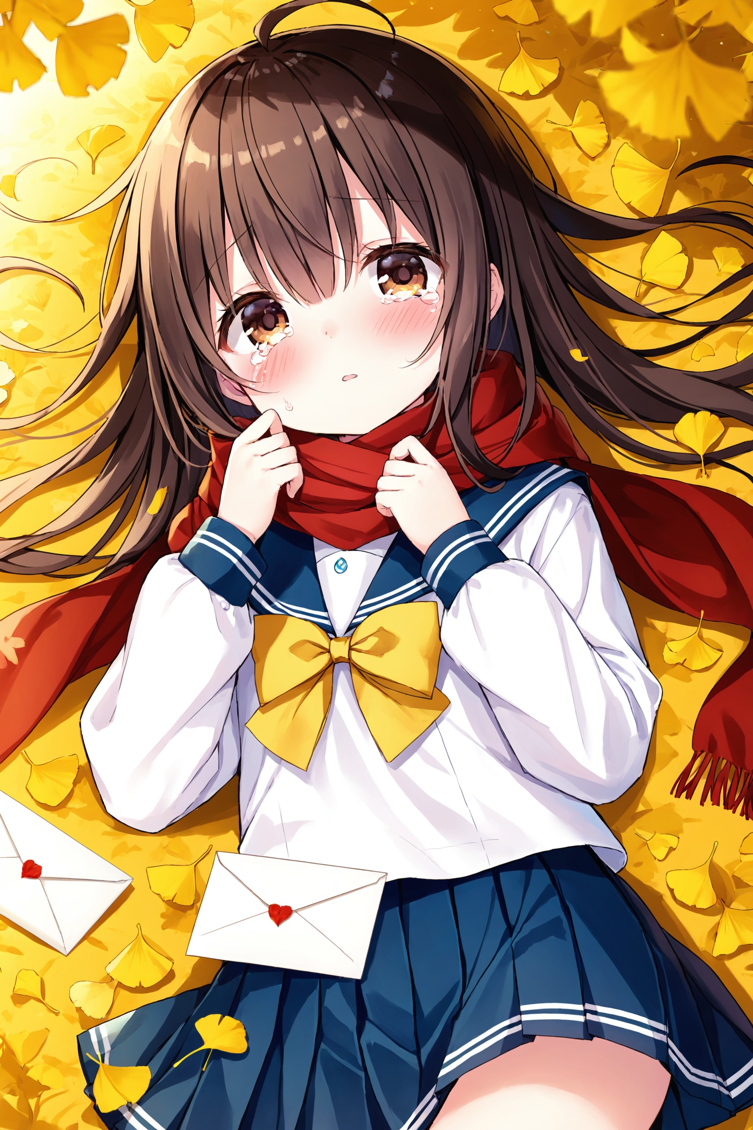 (best a,artist:nano)loli,1girl,solo,school uniform,skirt,scarf,lying,serafuku,on back,long sleeves,autumn,blue skirt,looking at viewer,sailor collar,bow,brown eyes,long hair,tears,autumn leaves,bangs,blue sailor collar,shirt,parted lips,pleated skirt,white shirt,envelope,ahoge,blurry,red scarf,black hair,crying,leaf,letter,crying with eyes open,yellow bow,outdoors,brown hair,bowtie,ginkgo leaf,from above,tearing up,blush,<lora:emyakora 1.0:0.5>,