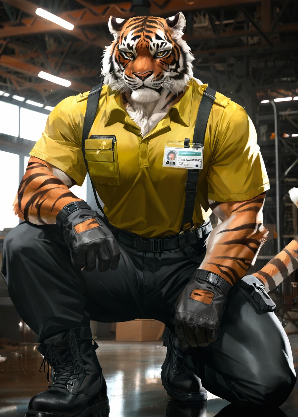 felid,tiger,by lindong,anthro,solo,male,muscular,(white eyebrows, white fur, white body:1.4),clothed,topwaer,bottomwear,footwear,handwear,(gloves),boots,worker,(factory uniforms, work wear style),detailed background,anime artwork,anime style,key visual,vibrant,studio anime,highly detailed BREAK masterpiece,best quality,amazing quality,very aesthetic,highres,absurdres,