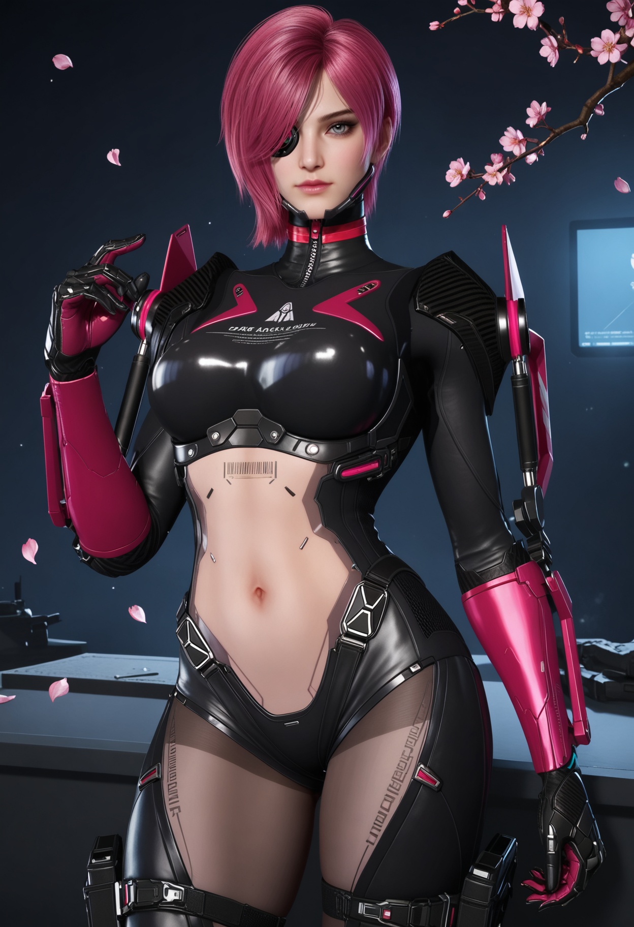 (upper_body:1.2),looking at viewer:1.1,masterpiece,(best quality),smog,Dark room,dim lighting,peach blossom,falling petals,<lora:YQ_Illustrious光辉v5_缇娜_V1:0.8>,q1528437228,1girl,solo,pink hair,short hair,bodysuit,hair over one eye,gloves,blue eyes,red hair,black bodysuit,boots,holster,armor,eyepatch,skin tight,tattoo,mechanical arms,thighhighs,one eye covered,cyborg,thigh strap,thigh holster,grey eyes,high heels,purple hair,thighs,crop top,