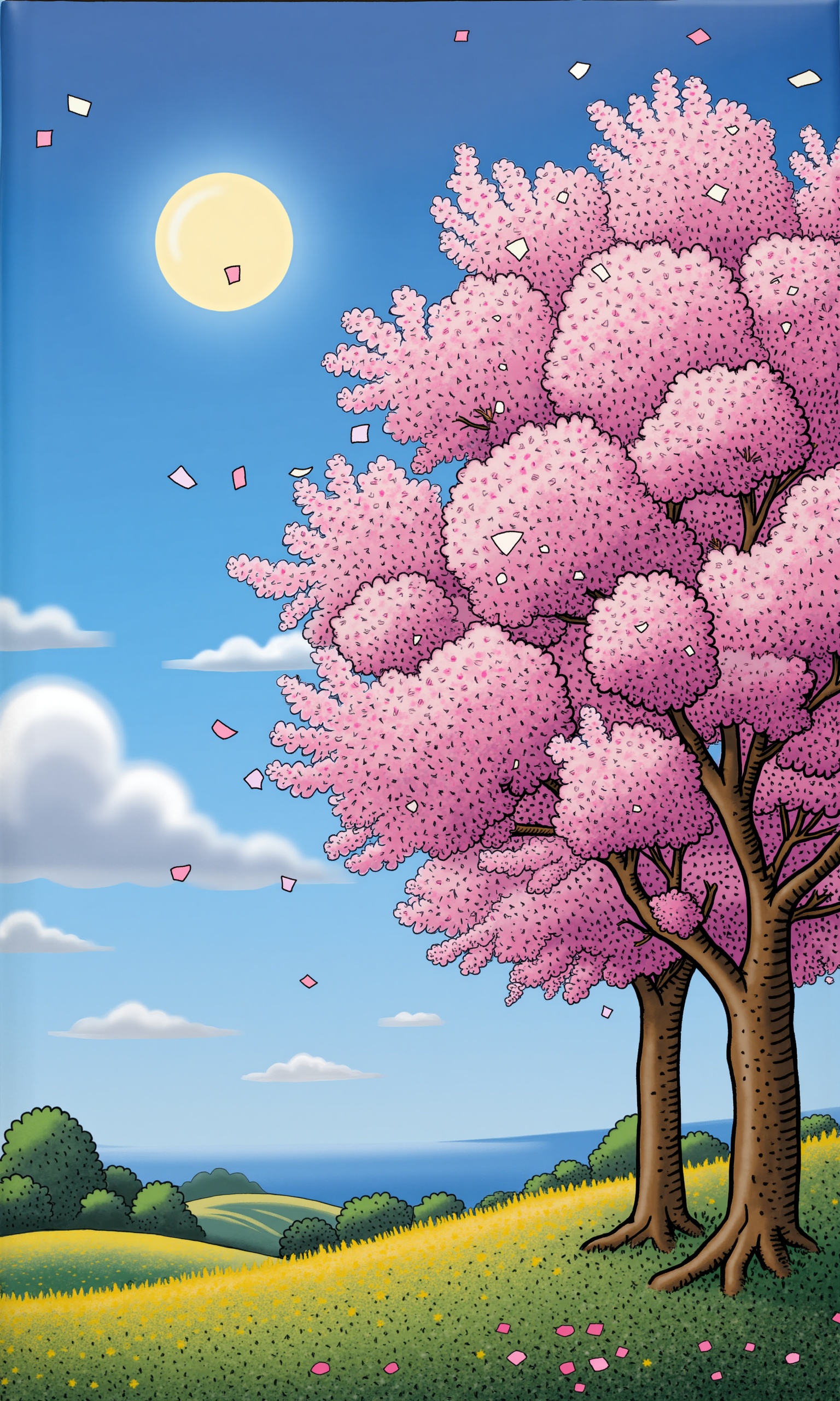 oil painting, Cherry blossoms, Sky (blue), Flowers (pink), Natural scenery, Fresh and clean, Cherry blossom tree, Springtime, Beautiful landscape, Sunlight, Warm atmosphere