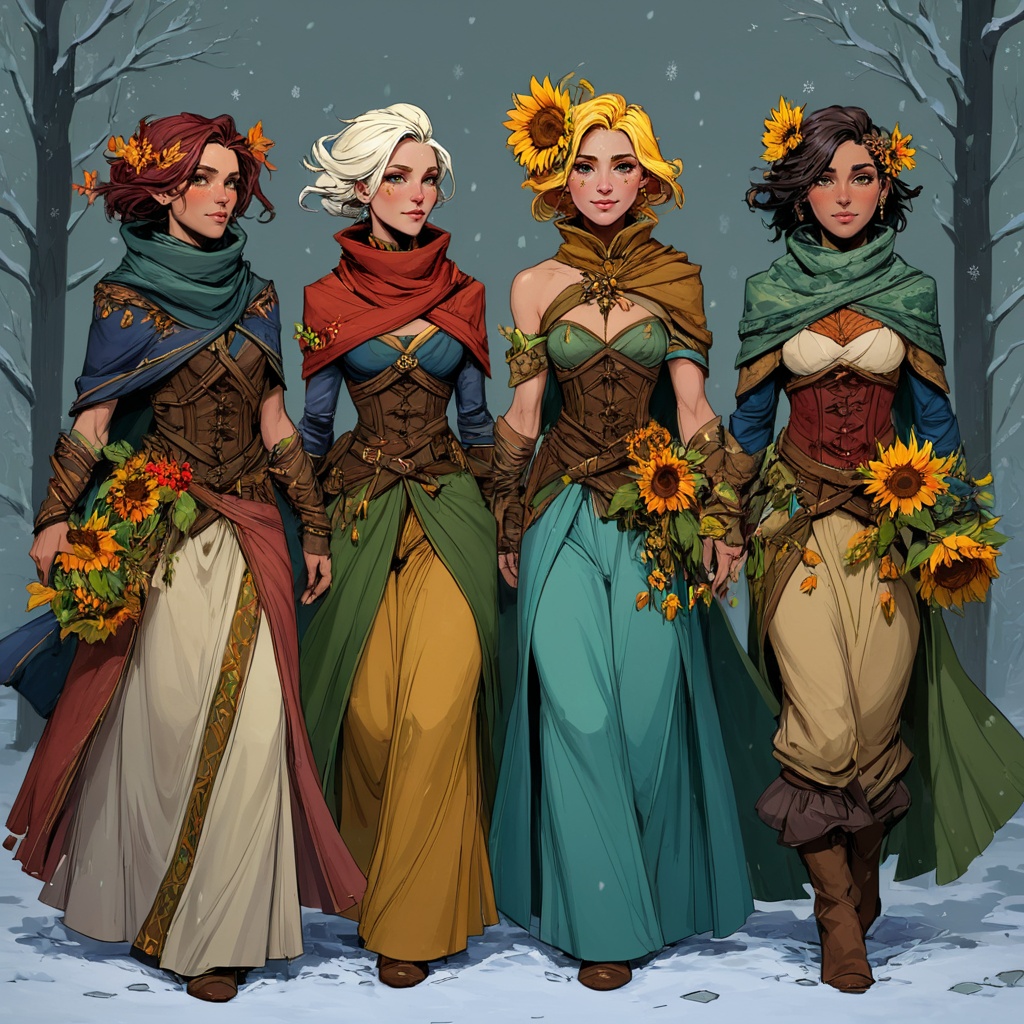 D&D Painterly,  four women representing the seasons,  each dressed in richly detailed garments. They stand intertwined wit...