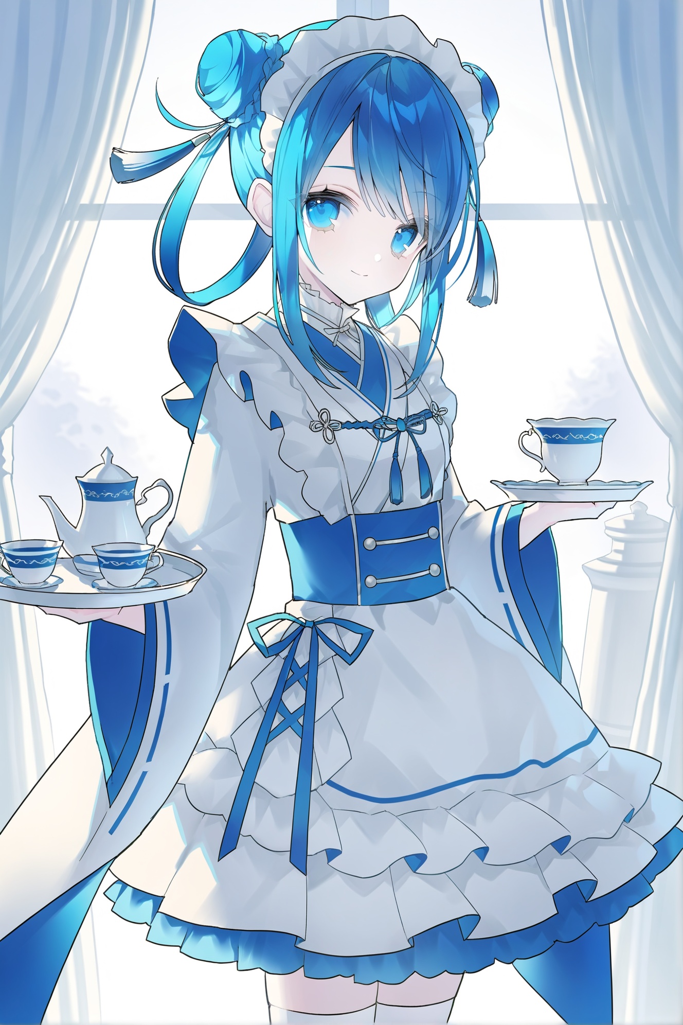 1girl, solo, thighhighs, blue hair, frills, looking at viewer, window, maid headdress, maid, holding, tray, dress, blue eyes, white thighhighs, teacup, long sleeves, curtains, teapot, braid, white dress, apron, holding tray, hair rings, tassel, long hair, closed mouth, sidelocks, wide sleeves, hair bun, cup, white apron, double bun, smile, cowboy shot