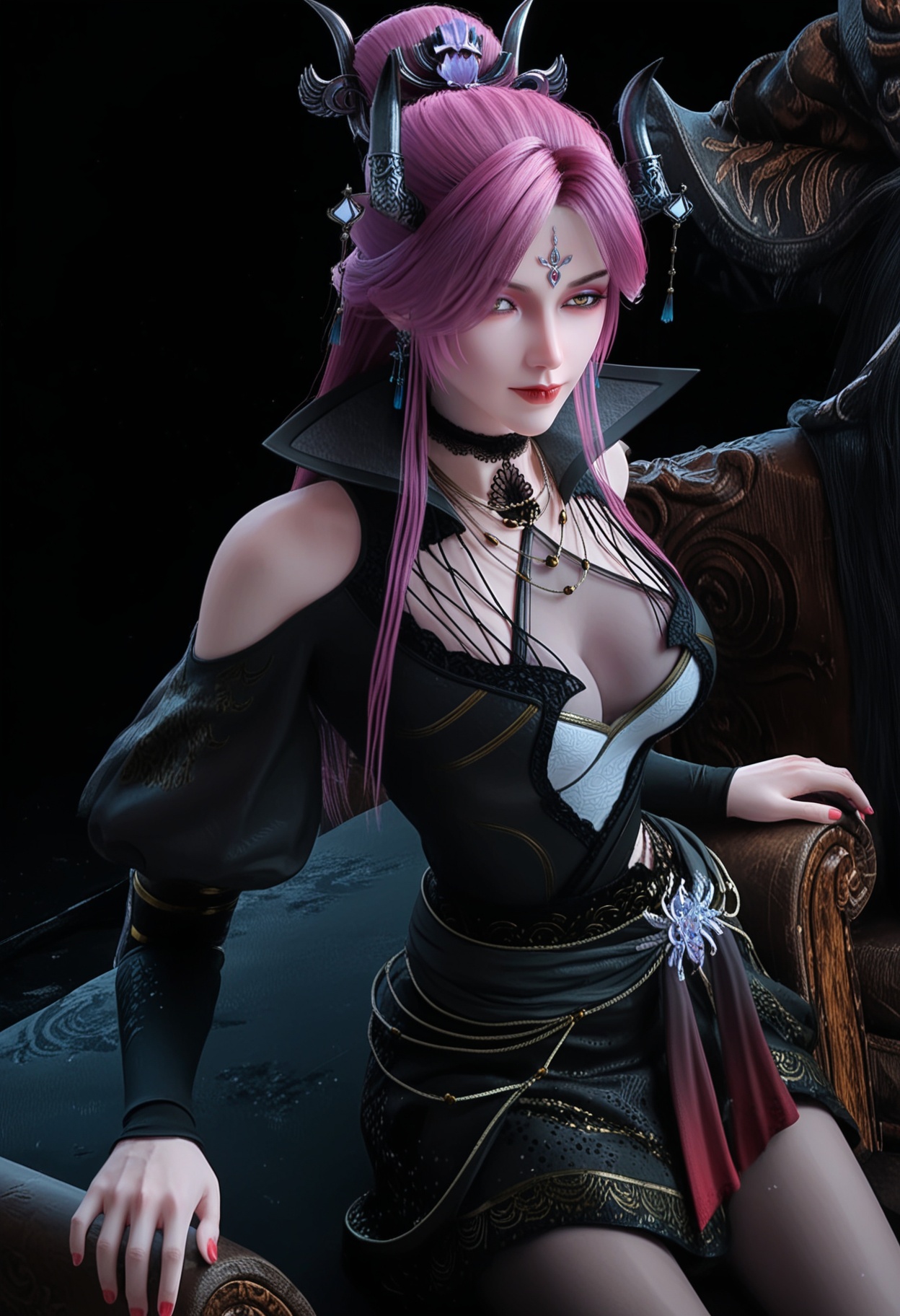 (cowboy shot:1.2),score_9,score_8_up,masterpiece,(best quality),intricate details,1girl,facing viewer,(looking at viewer:1.1),<lora:YQ_pony_manluo_V4:0.9:lbw=1,1,1,1,1,1,1,1,1,0.8,0.8,0.1>,q1528437228,1girl,solo,long hair,pink hair,jewelry,horns,hair ornament,earrings,choker,dress,makeup,necklace,red lips,red hair,purple hair,black dress,forehead mark,black high heels,yellow eyes,high collar,black choker,brown eyes,pantyhose,hair bun,black pantyhose,hair over one eye,long sleeves,puffy sleeves,eyeshadow,BREAKscore_9,score_8_up,masterpiece,(best quality),perfect anatomy,(hourglass),perfect face,(simple background,pure black background,black background:1.1),fair_skin,shiny_skin,Ivory_skin,