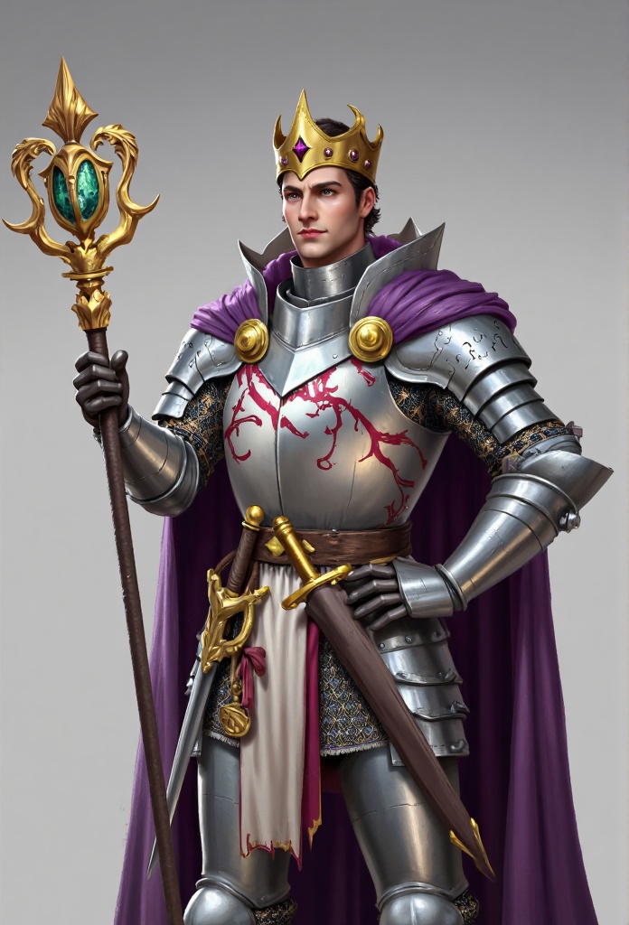 A figure dressed in magnificent medieval knight attire. He wears a golden crown symbolizing his noble status,possibly that of a king or aristocrat. His silver metal armor is adorned with intricate patterns and designs,appearing very delicate. He drapes a purple cloak,which also features exquisite decorations,adding a sense of dignity and solemnity.,The figure wears an elaborately decorated belt around his waist,on which hangs a sword with a finely designed hilt,showcasing his identity as a knight. In his right hand,he holds an ornately decorated scepter with complex designs at its top,symbolizing power and status.,