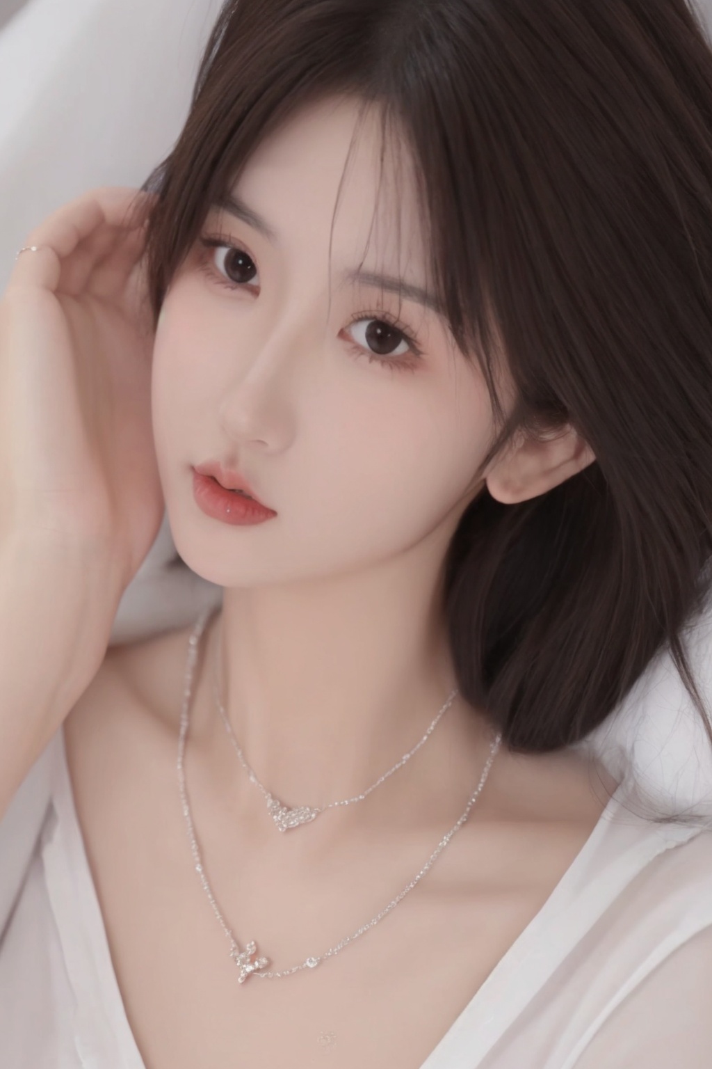 1girl,solo,lying,brown hair,necklace,realistic,looking at viewer,on back,black eyes,jewelry,lips,hand on own chest,black hair,parted lips,blurryt,<lora:sifang_20231118123505:0.8>, 