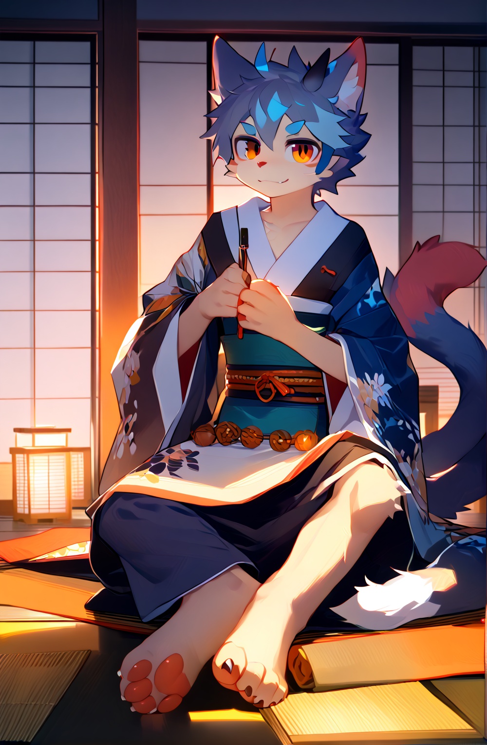 1boy,furry,male,bare foot,cat boy,kimono,