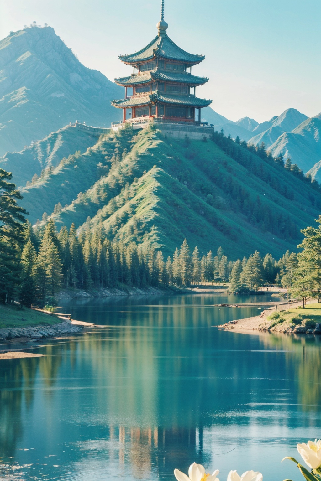 Realistic,best quality,masterpiece,8K,HDR,RAW,(1girl:1.6),solo,<lora:add_detail:0.6>,mount,water,foge,chinese style,tower,flower,<lora:ENNE 只此青绿_v10:0.7>,zcql,<lyco:GoodHands-beta2:1>,