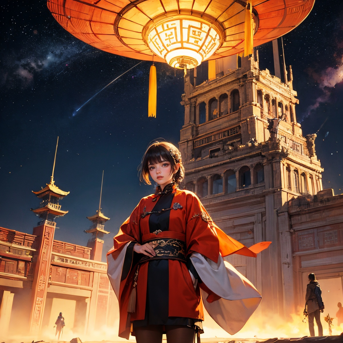 masterpiece,best quality,illustrationn,space,star \(sky\),scenery,spacecraft,1girl,sky,science fiction,multiple boys,standing,starry sky,ruins,ancient chinese architecture,chinese new year,