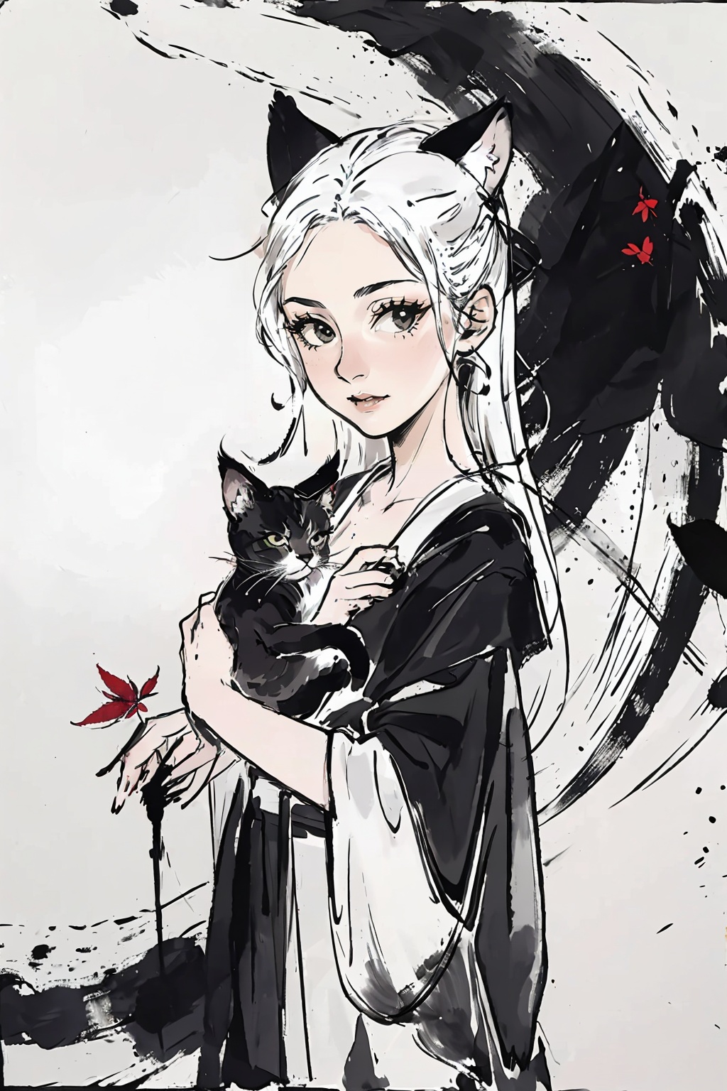 1girl,cat,white cat,white hair,(black and white:1.3),solo,(ink and wash style:1.2),looking at viewer,long hair,black eyes,leaf,<lora:BlackStocking:0.4>,<lora:水墨游戏立绘:0.4>,<lora:hjyinkstyle2-:0.8>,