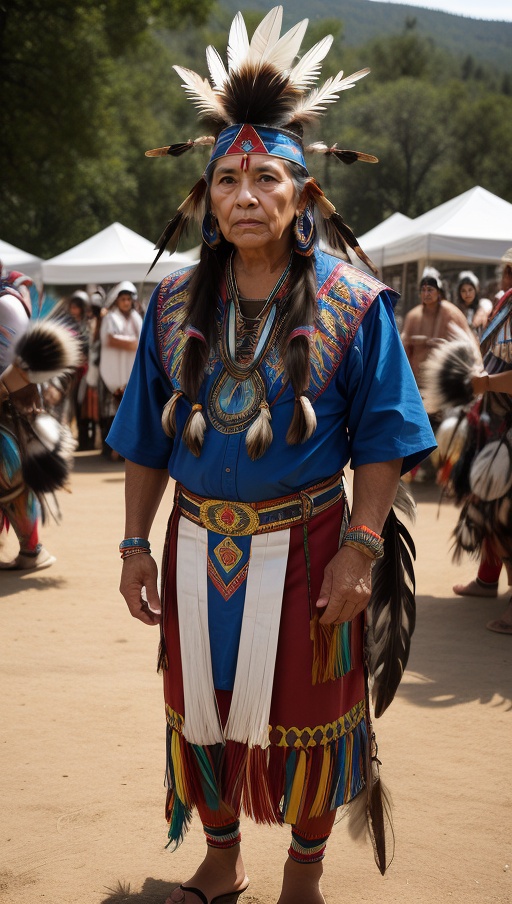 A Native American tribal elder,  adorned with traditional regalia and feathers,  standing amidst a powwow on Tensor.Art