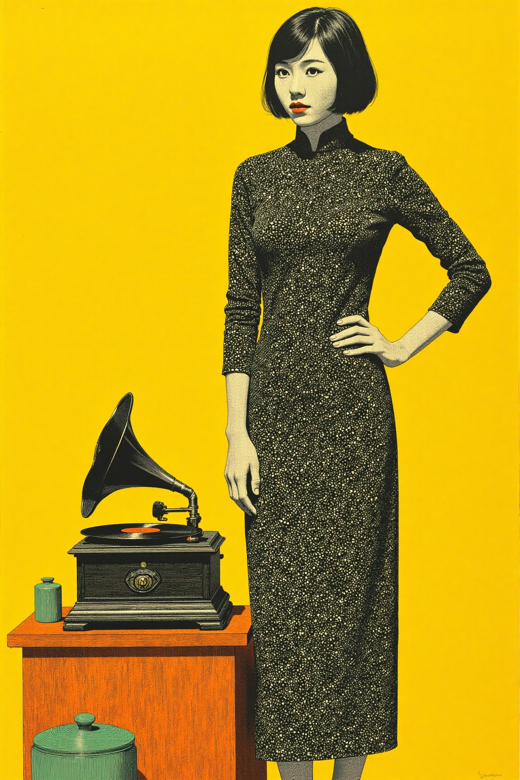 beijihui,An abstract painting of a woman standing in front of a yellow wall. The woman is wearing a long black dress with a black hat on her head. She is standing with her hands on her hips. Her left hand is resting on her hip. Her right hand is draped over her right shoulder. She has short black hair that is styled in a bob. Her hair is cut in a ponytail. Her dress is black with white dots on it. To the left of the woman is a black record player. The record player is sitting on top of a brown wooden table with a green canister on the bottom left corner of the table.,