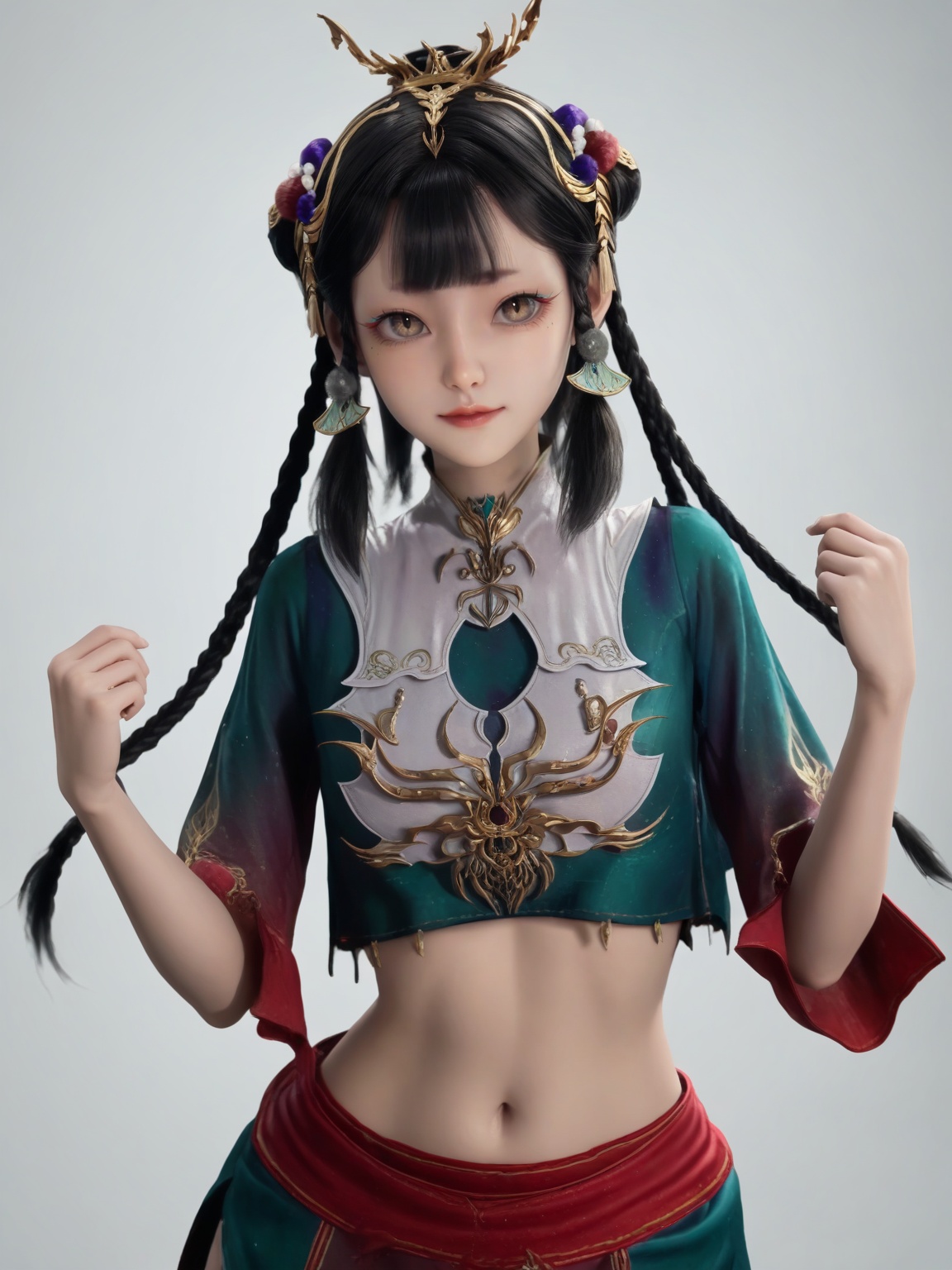 <lora:SF_XianQingEr_Pony_Realism-000004:0.7>,1girl,solo,dress,bangs,braid,crop top,hair ornament,standing,looking at viewer,black hair,long hair,white background,