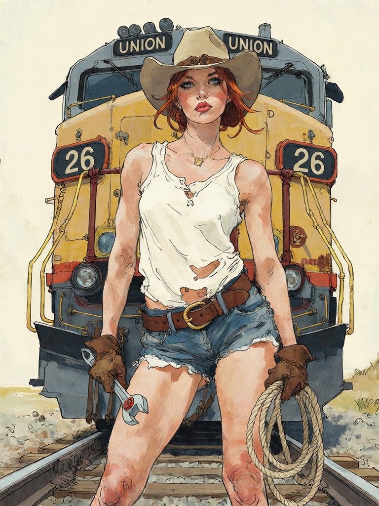 Bradhamel art style.**** A detailed illustration of a rugged,  red-haired woman in a cowboy hat and goggles,  wearing a to...