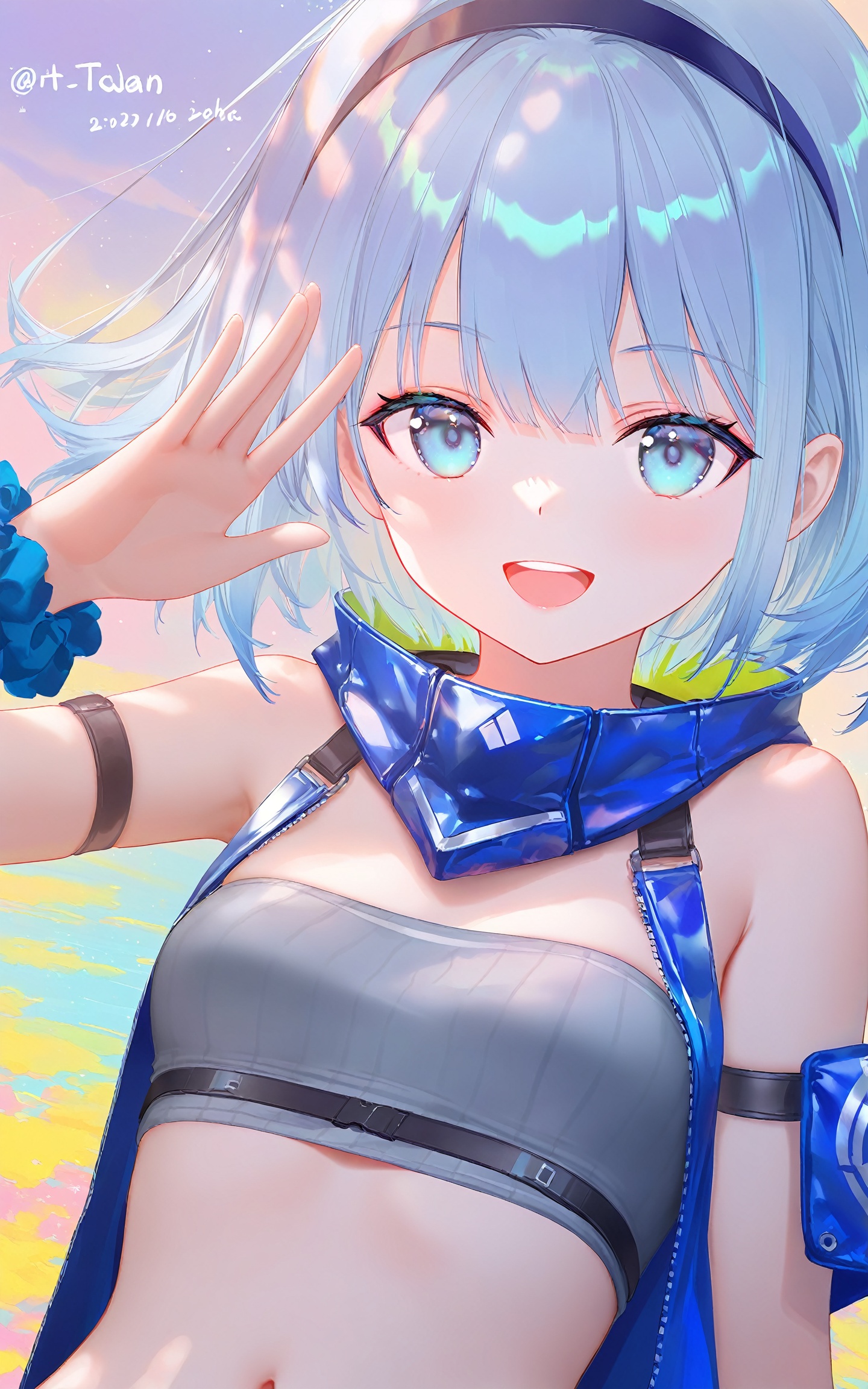 1girl, solo, breasts, looking at viewer, smile, short hair, open mouth, bangs, blue eyes, navel, bare shoulders, blue hair, upper body, small breasts, teeth, midriff, twitter username, arm up, dated, strapless, upper teeth only, scrunchie, bandeau, tube top ,(Tyndall Effect 1.4), (wlop:0.6),((artist:reoen),(artist:fuzichoco),(artist:atdan),(artist:torino_aqua),year 2024:0.8),[artist:wlop],[artist:ningen_mame],artist:ciloranko,[[artist:rhasta]],artist:tidsean,colorful,best quality,very aesthetic,absurdres,32K UHD,sharp focus,best-quality,Emotionalization,temperate atmosphere,with a high-end texture,in the style of fashion photography,Dynamic, dynamic force picture, (Visual impact:1.2),impactful picture,offcial art